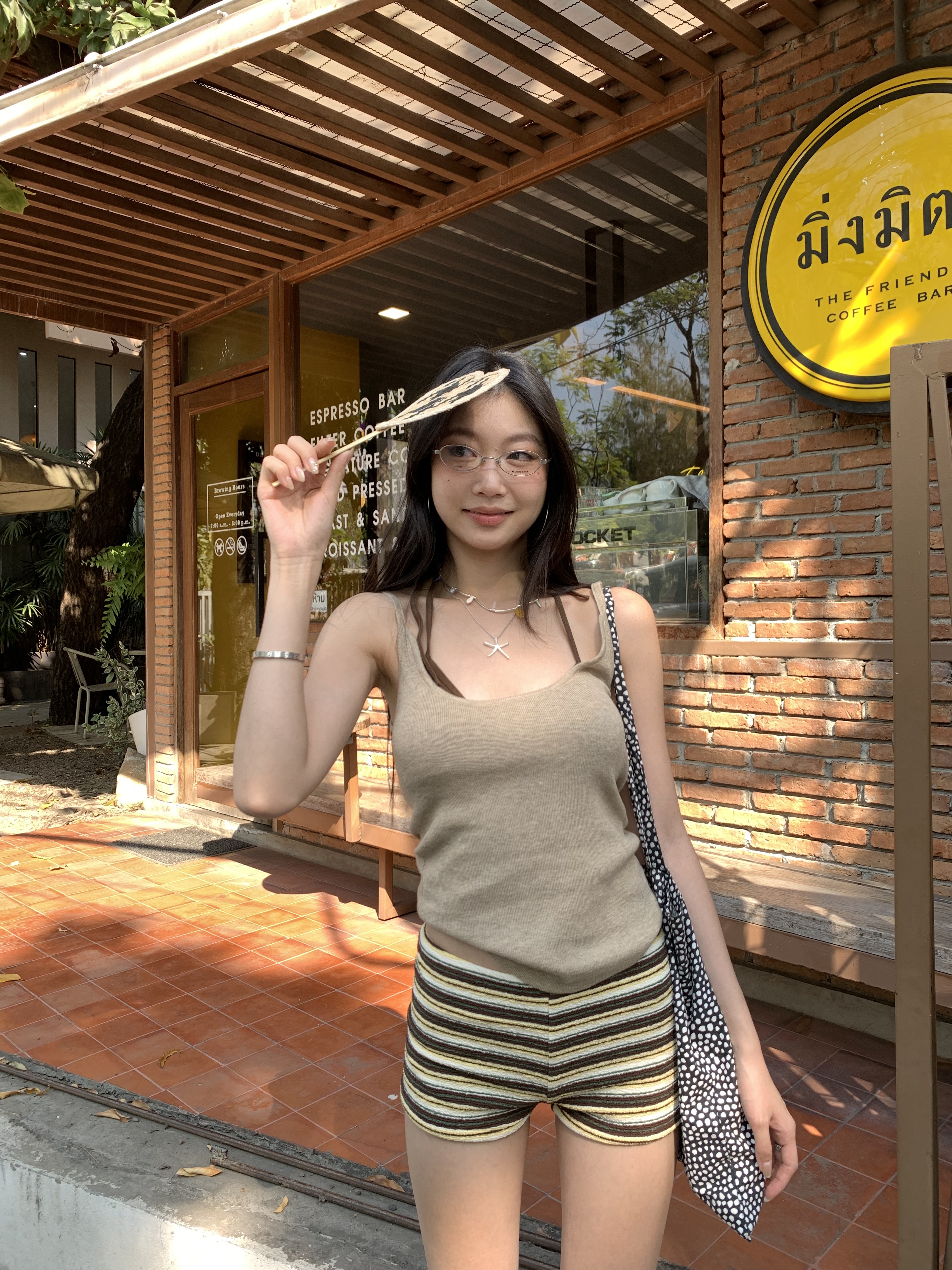 Khaki knitted camisole, slim fit design, stretchy