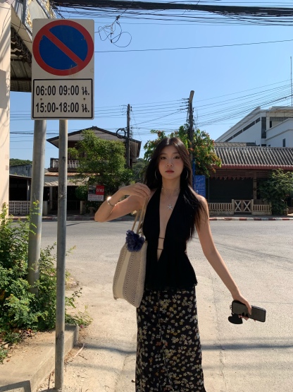 Black halter neck open back sleeveless crop top