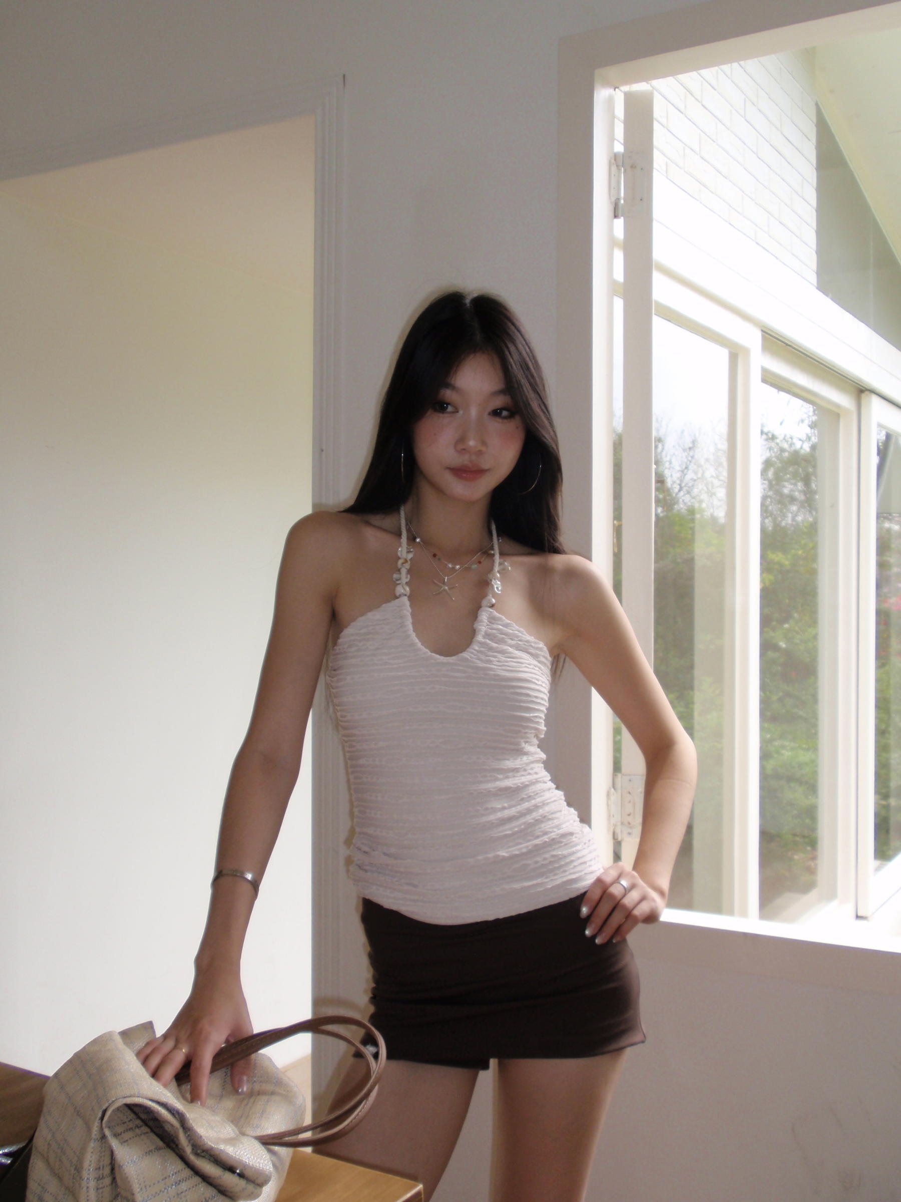 Halter neck tank top, summer beach design, handmade shell decoration, strapless style
