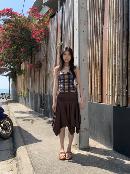 Mid-length Modal fabric half skirt, asymmetrical design, folded edges, pleated, medium length