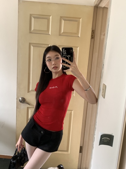 Women's Red and Blue Short Sleeve T-Shirt, Straight Shoulder, Letter Diamond Pattern, Slim Fit T-Shirt