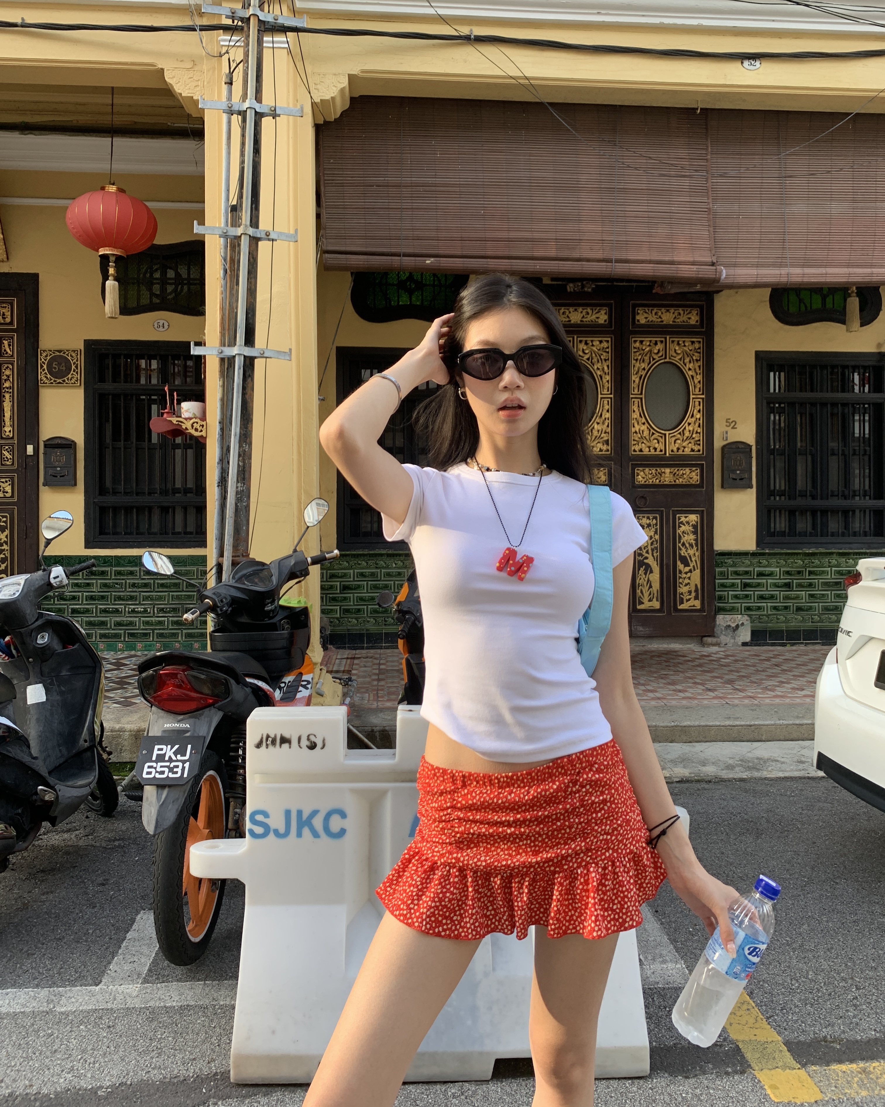 Red floral mini skirt