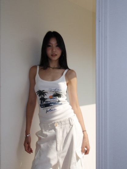 Women's Camisole, Beach Sunset Print, Hand-Drawn, American Vintage Style