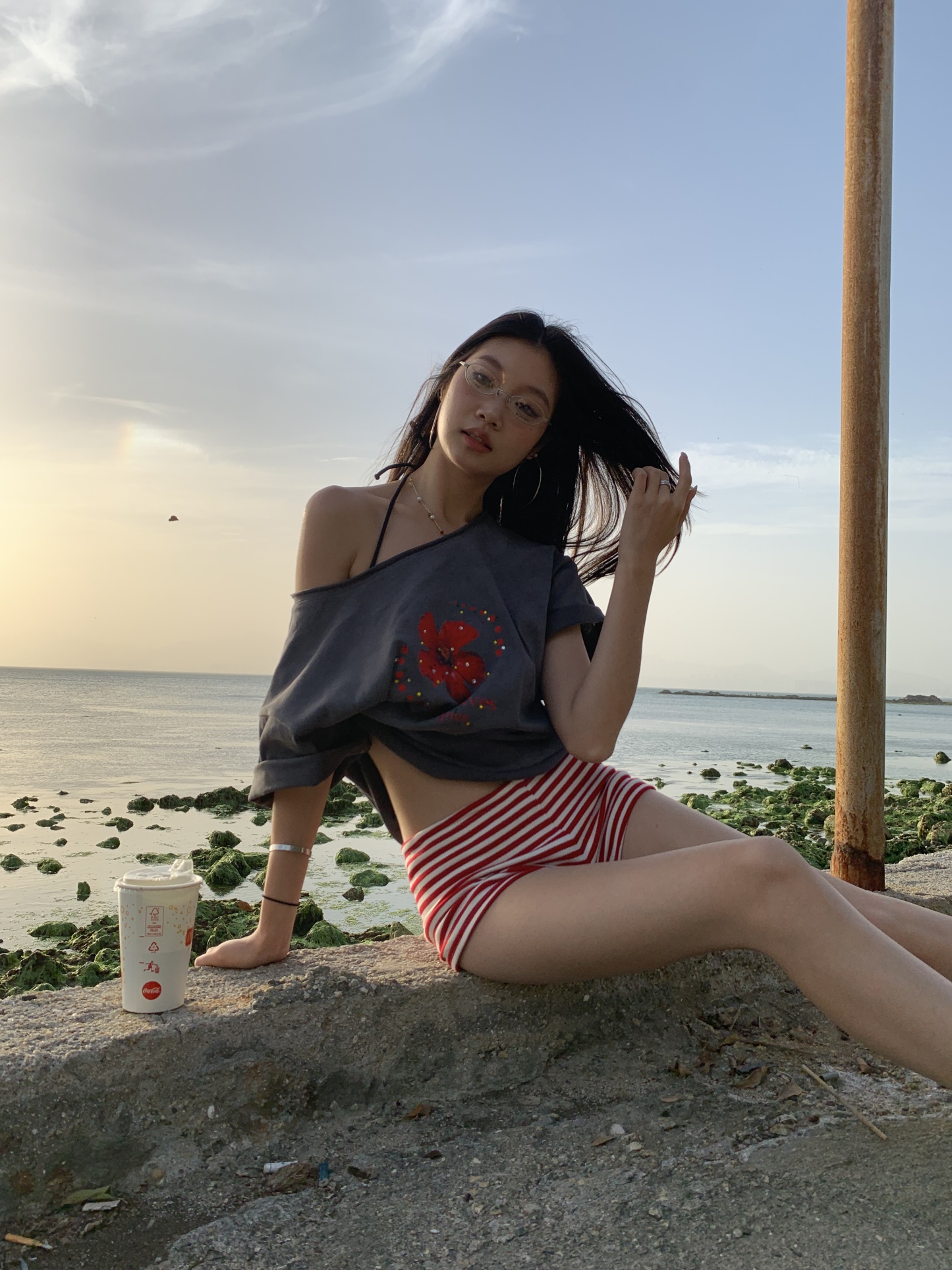 Red striped low-waist shorts