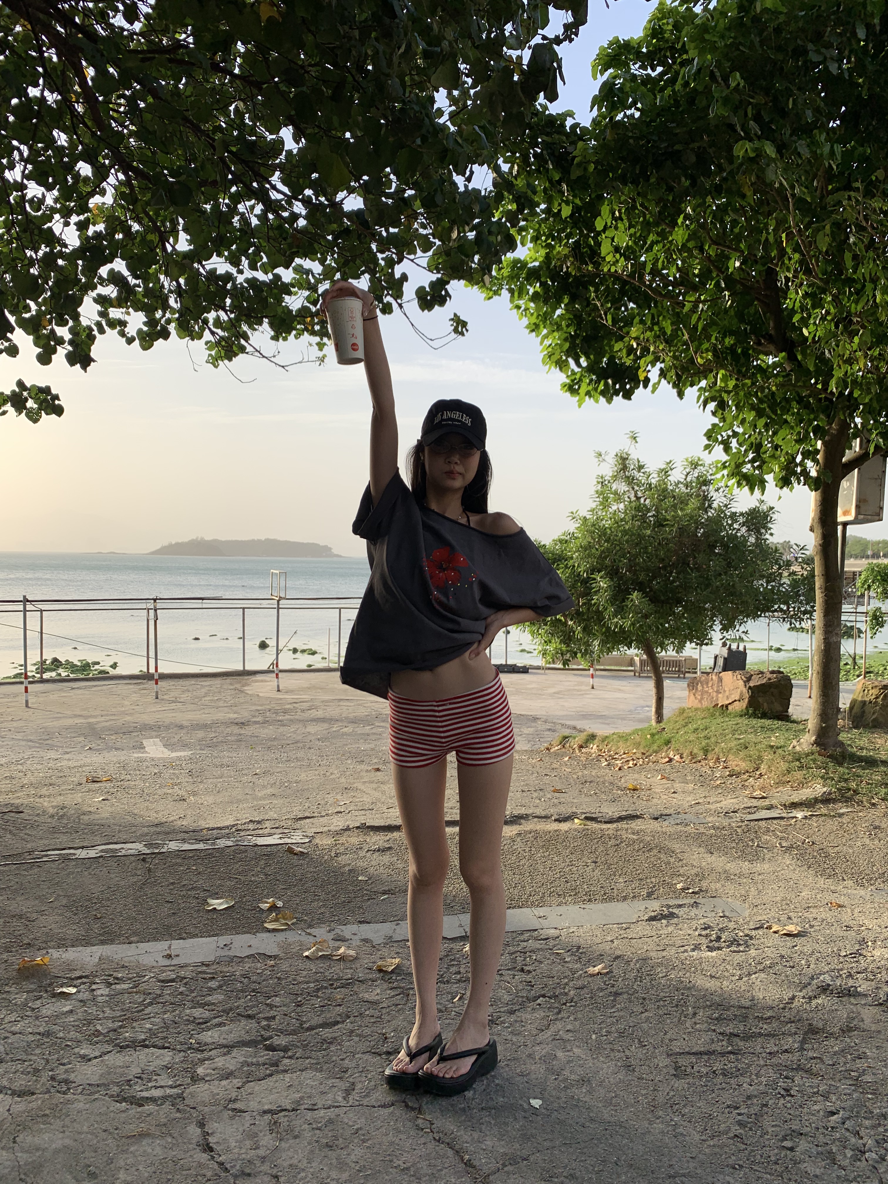 Red striped low-waist shorts