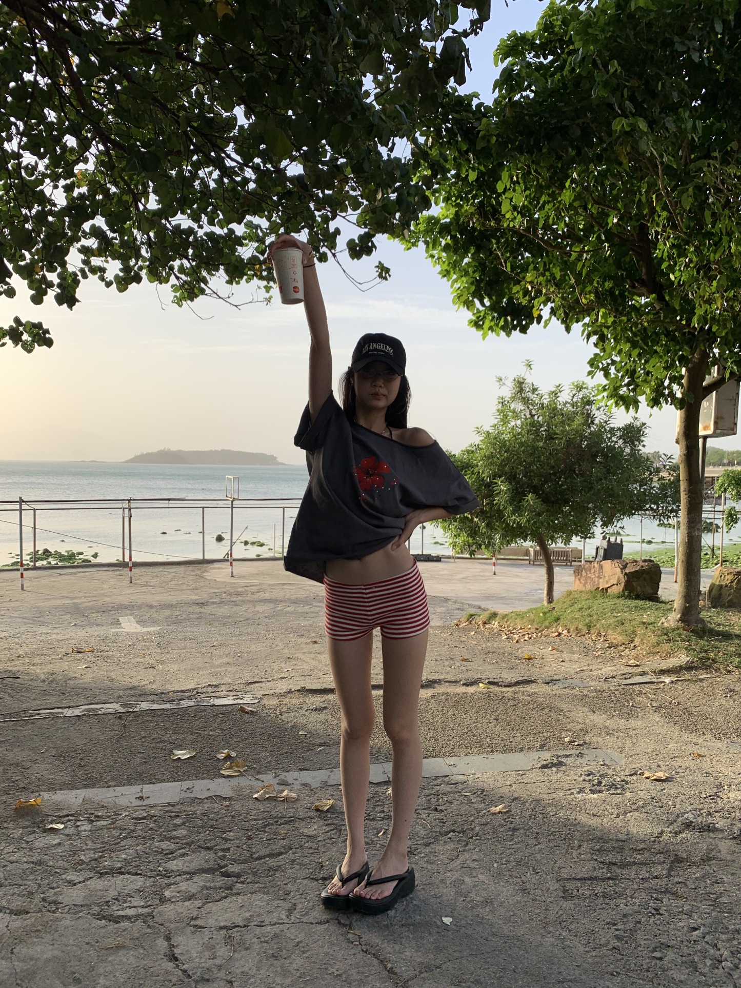 Red striped low-waist shorts