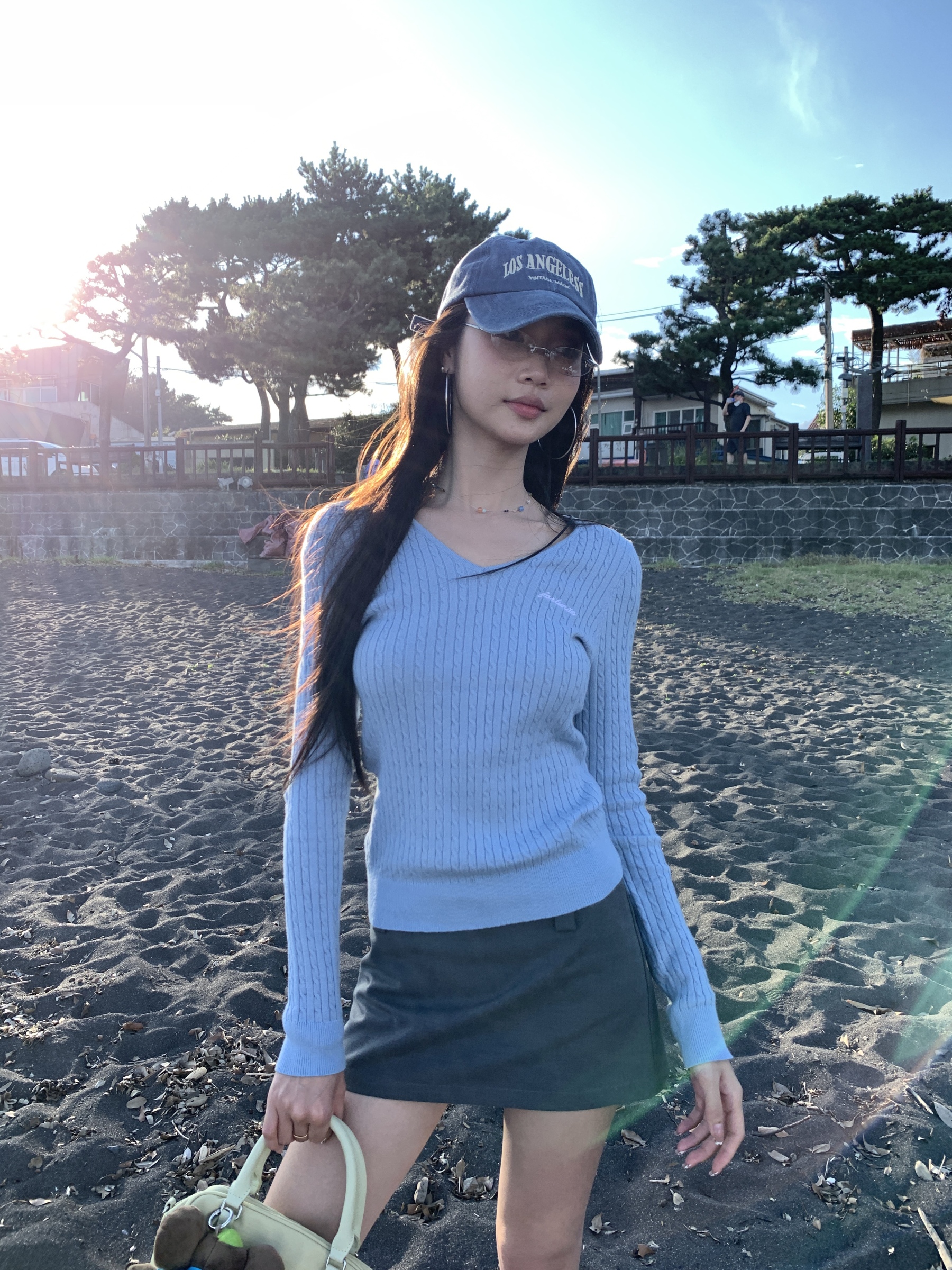 Long-sleeved knitted sweater with braid embroidery and V-neck
