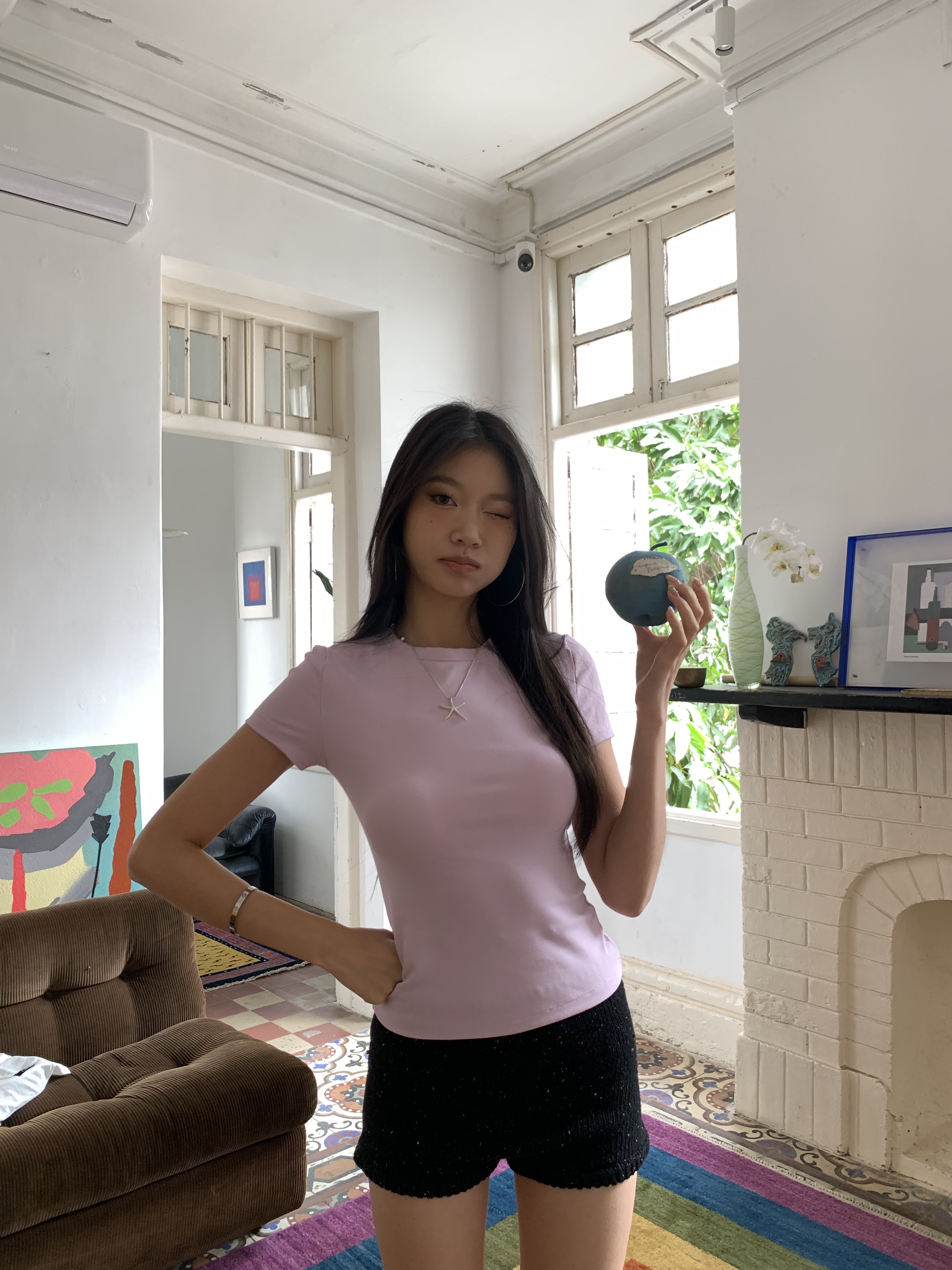 Pink-purple short-sleeved T-shirt, stretchy, slim fit