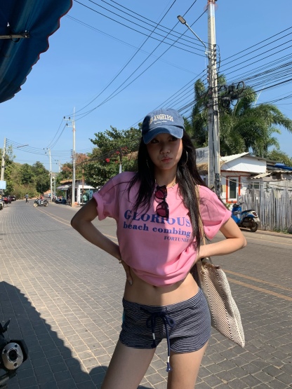 New Korean style pink letter print short-sleeved T-shirt, casual loose, easy to match