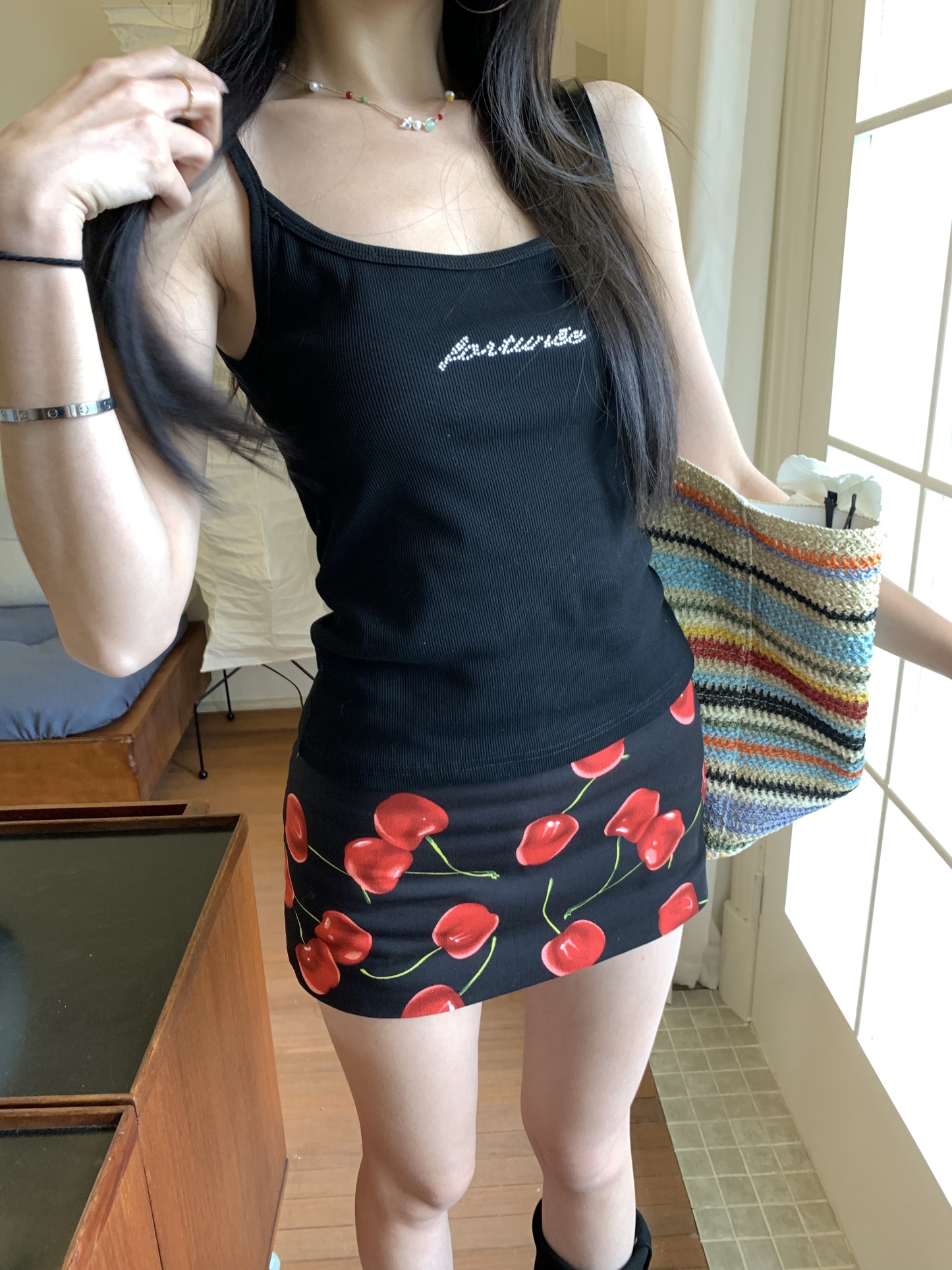 Red cherry print mini skirt, low waist style 