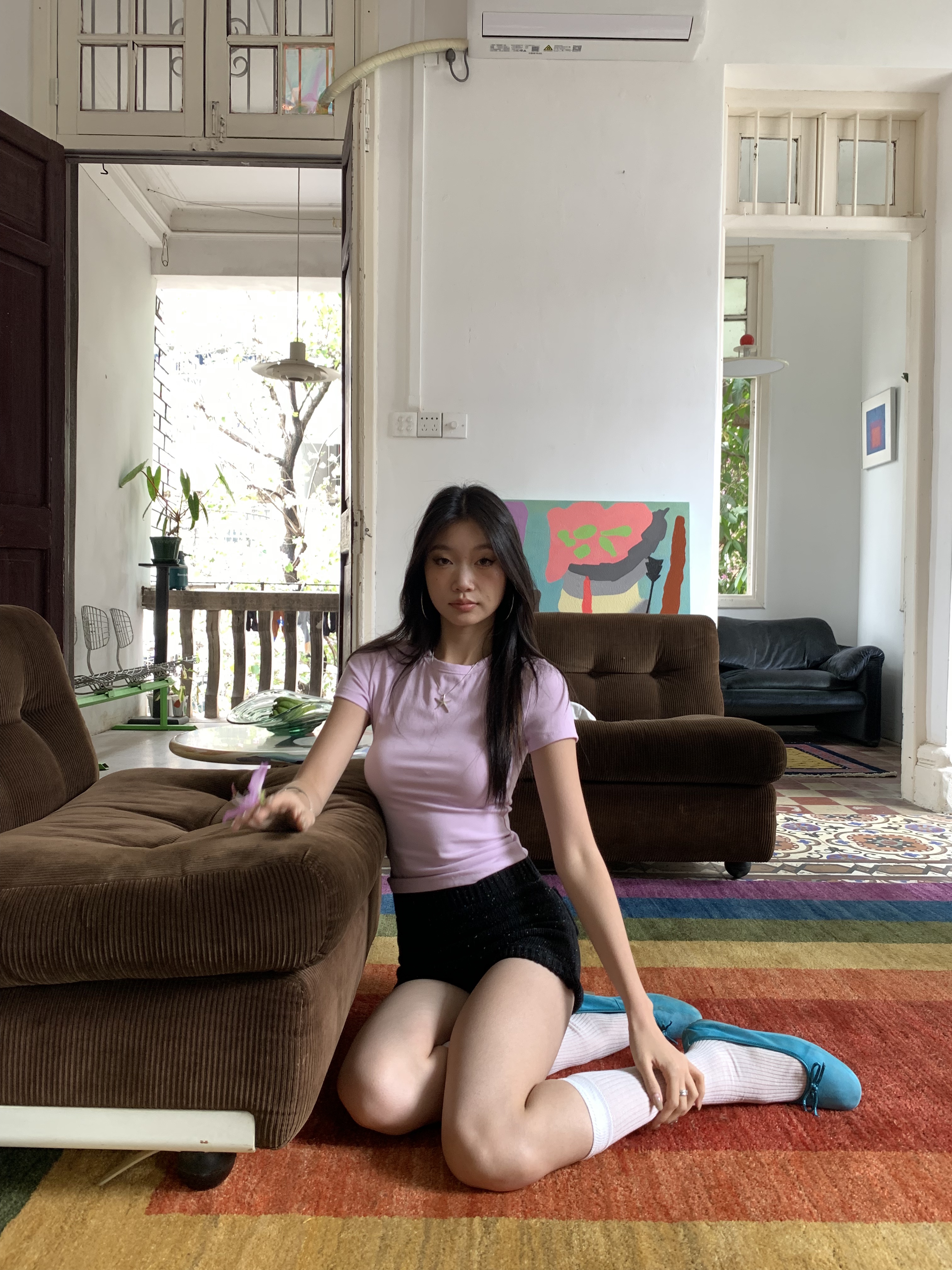 Pink-purple short-sleeved T-shirt, stretchy, slim fit