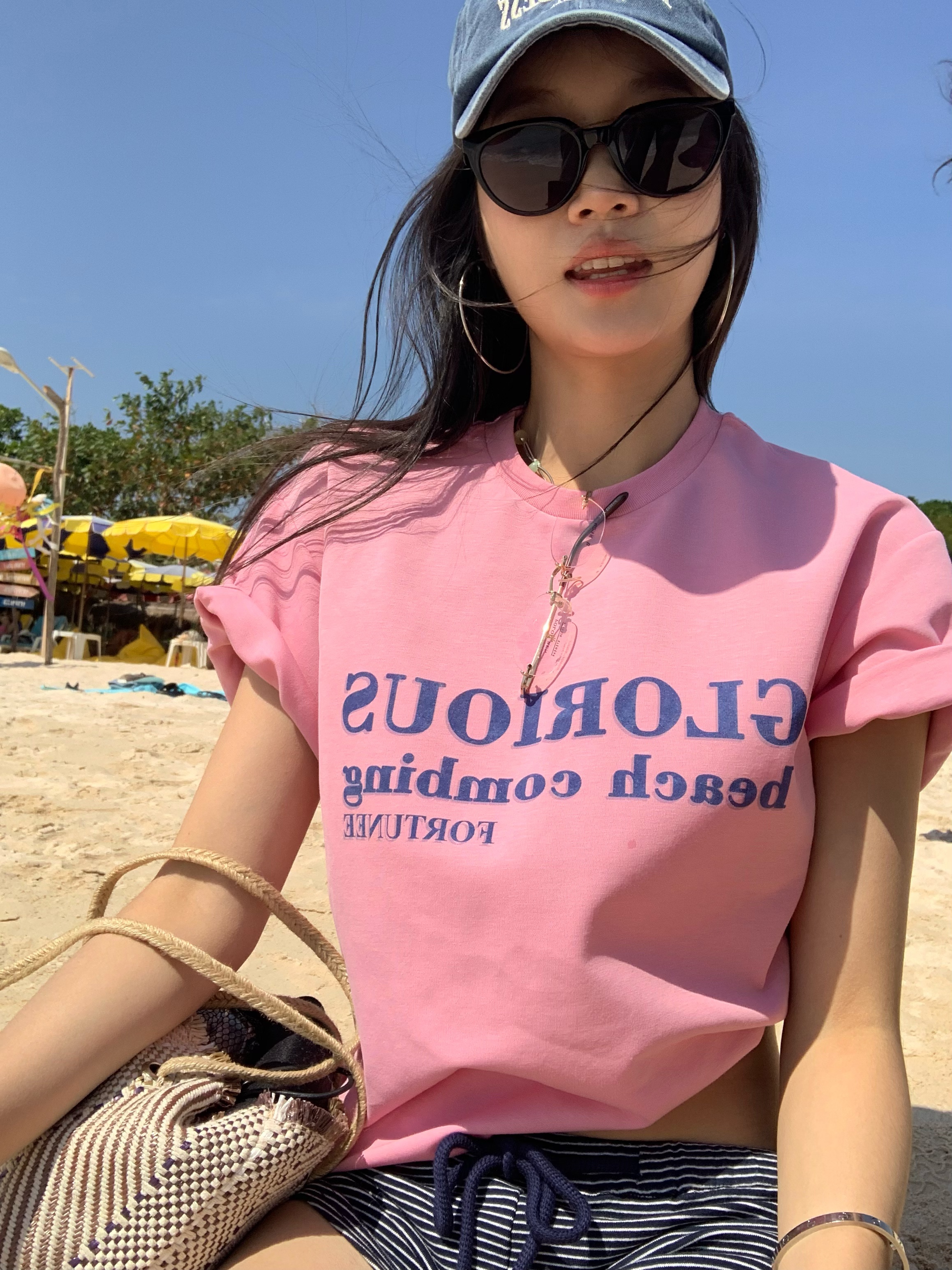 New Korean style pink letter print short-sleeved T-shirt, casual loose, easy to match