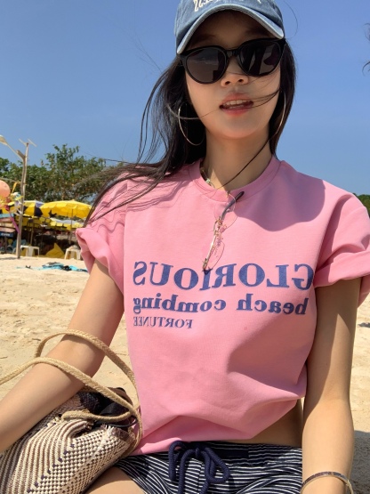 New Korean style pink letter print short-sleeved T-shirt, casual loose, easy to match