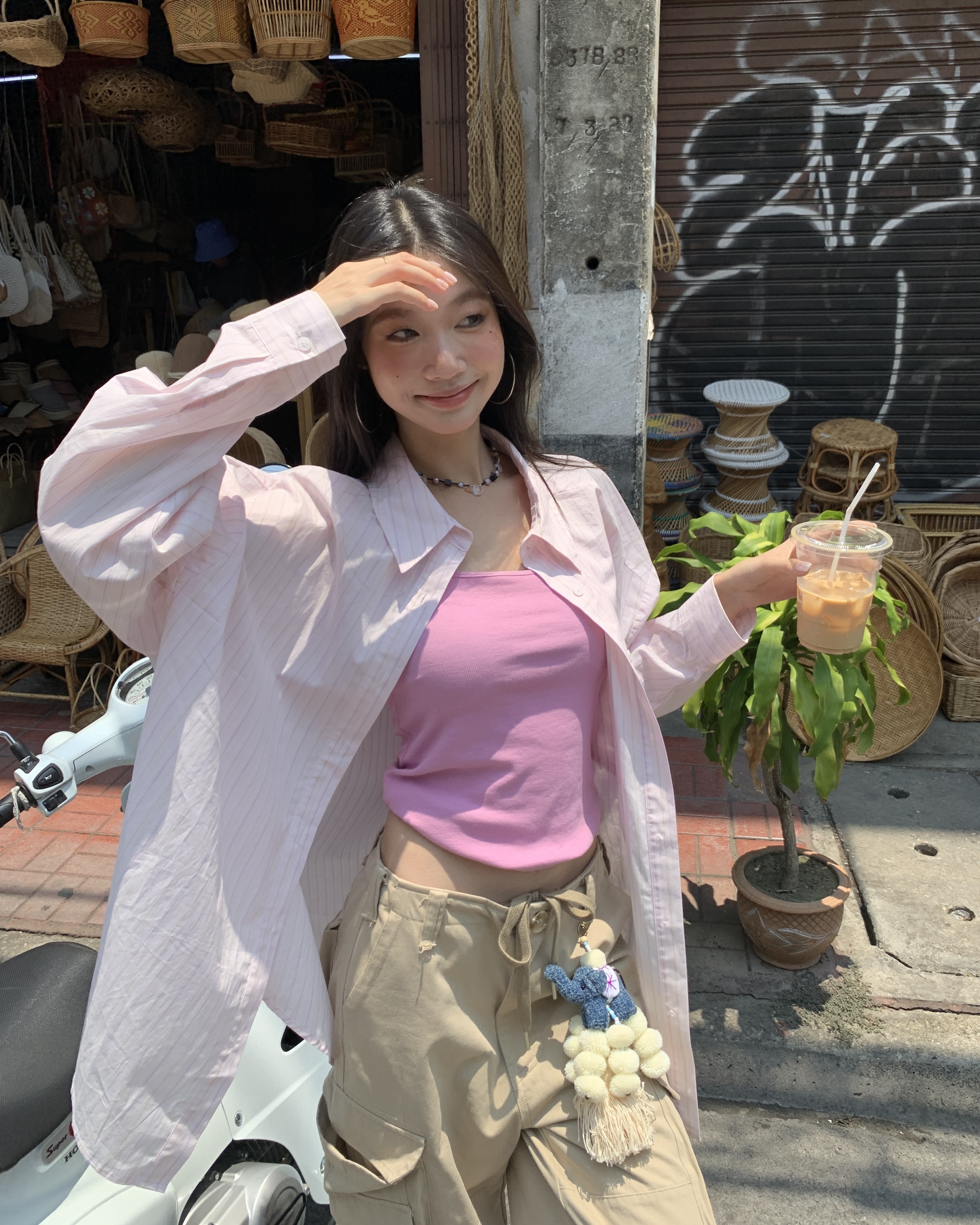 Pink striped shirt, loose-fit women’s shirt sun-protective shirt for spring and autumn