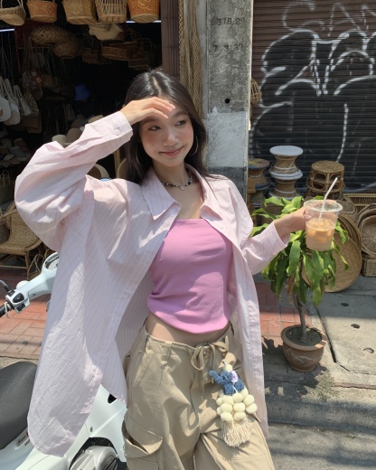 Pink striped shirt, loose-fit women’s shirt sun-protective shirt for spring and autumn