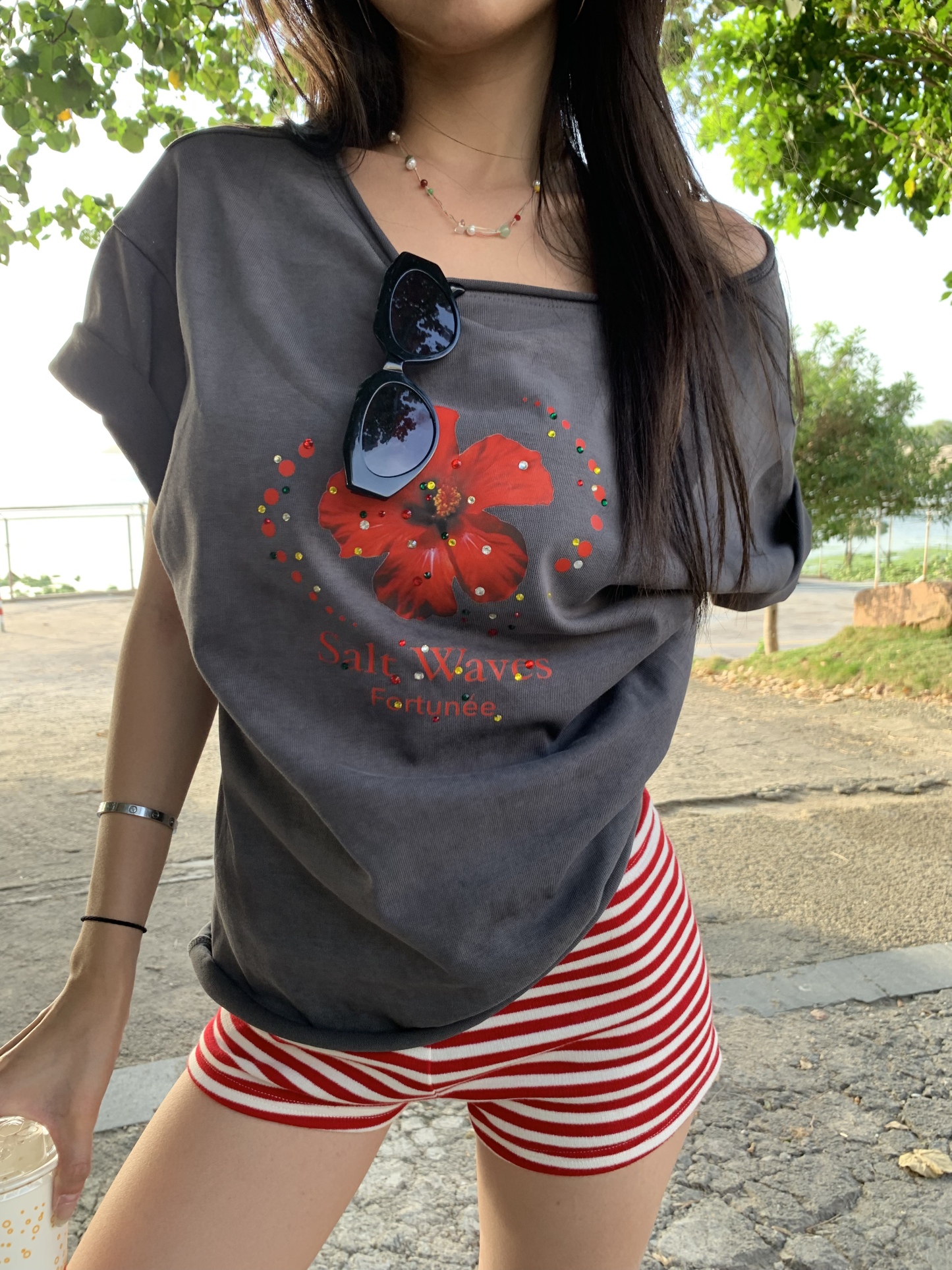 Red striped low-waist shorts