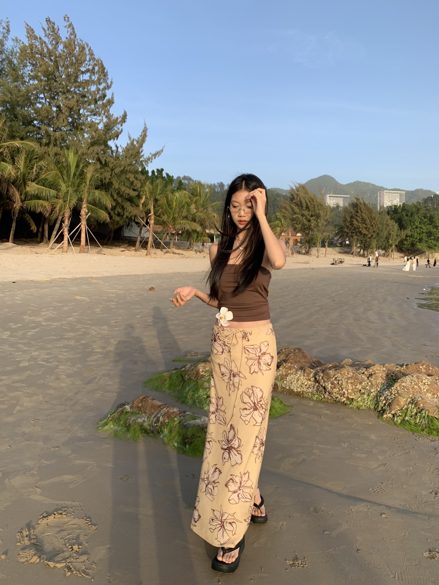 A-line long skirt with drawstring, chic floral pattern