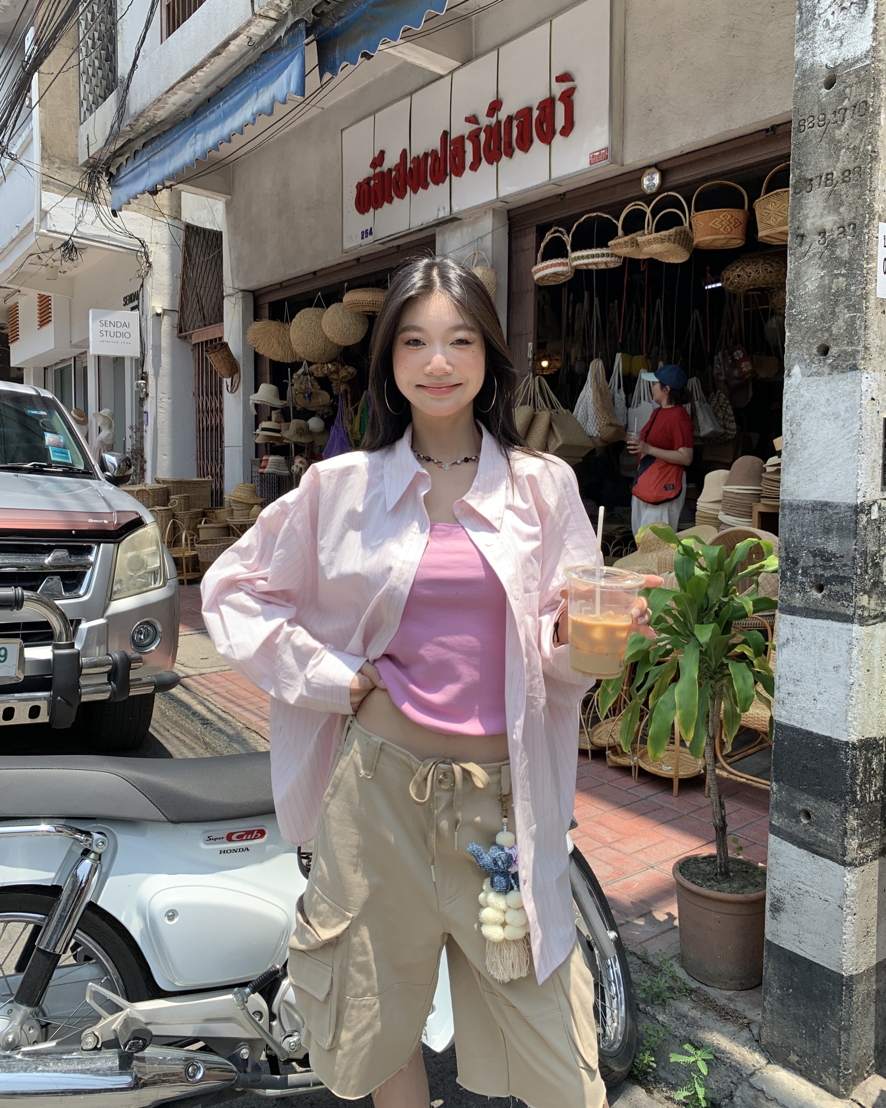 Pink striped shirt, loose-fit women’s shirt sun-protective shirt for spring and autumn