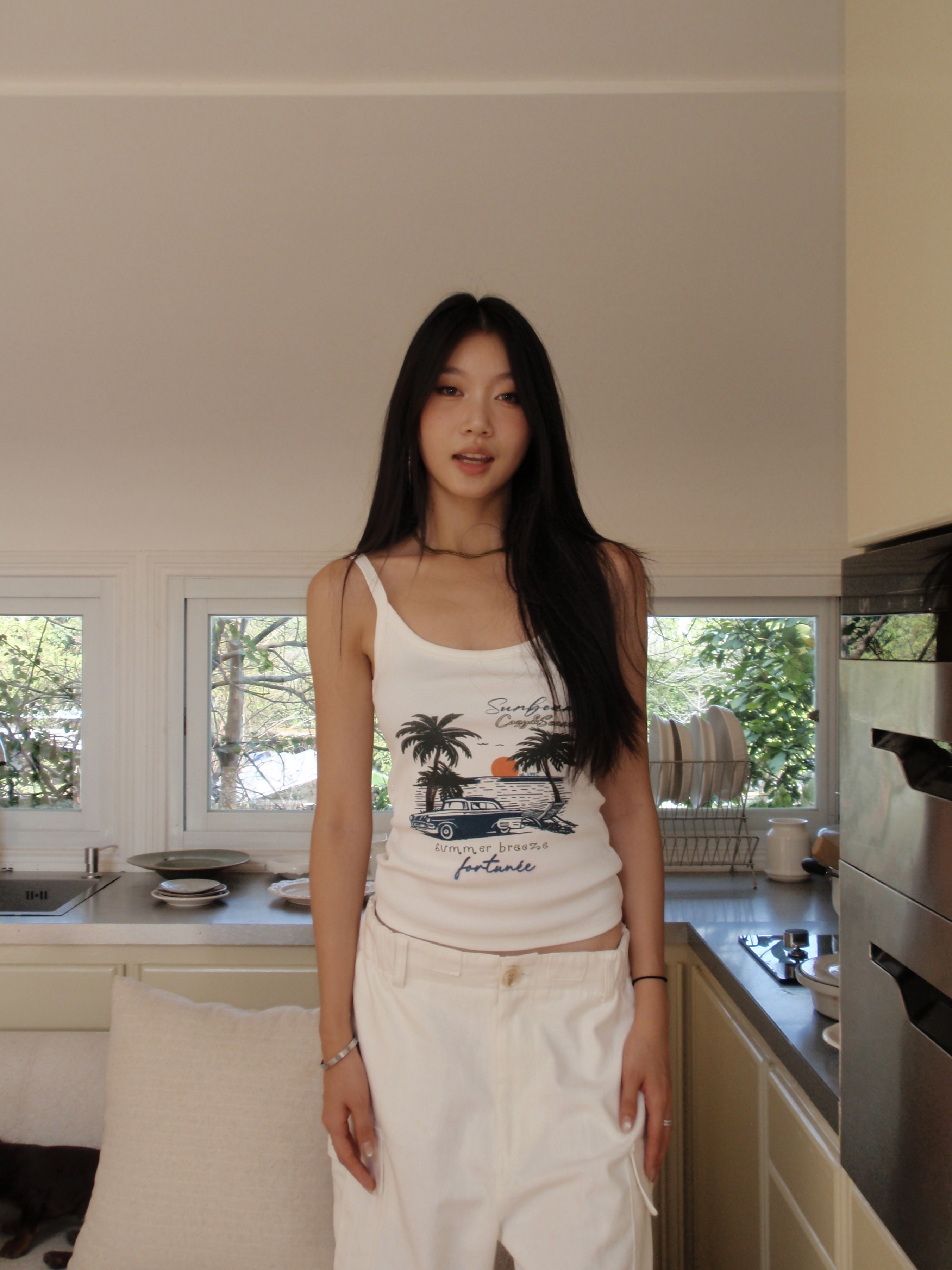 Women's Camisole, Beach Sunset Print, Hand-Drawn, American Vintage Style