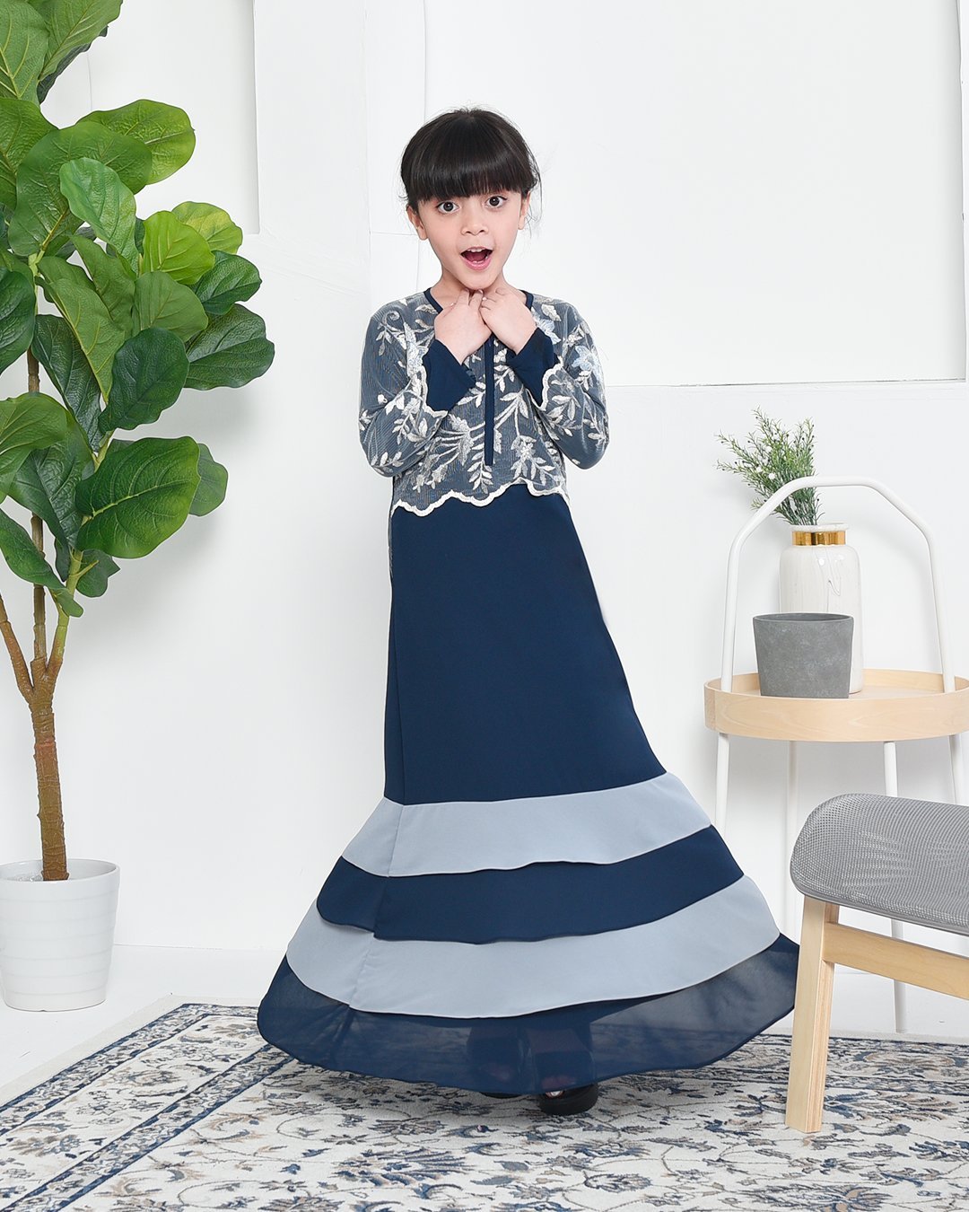 Abaya Lace Afikah Kids - Oxford Blue