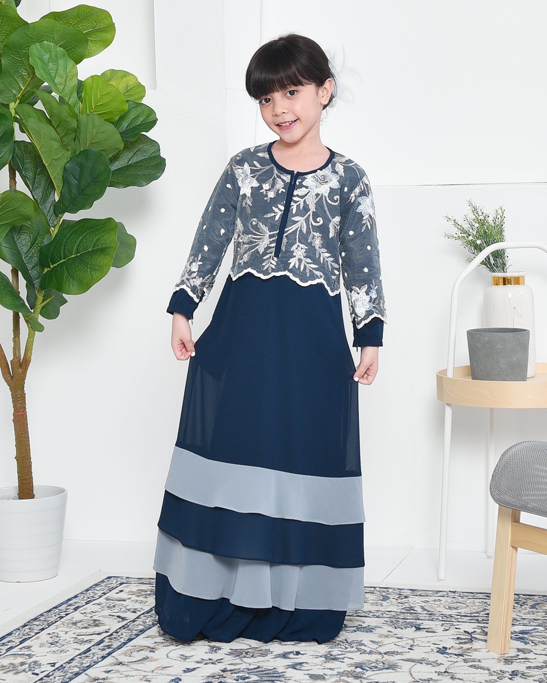 Abaya Lace Afikah Kids - Oxford Blue