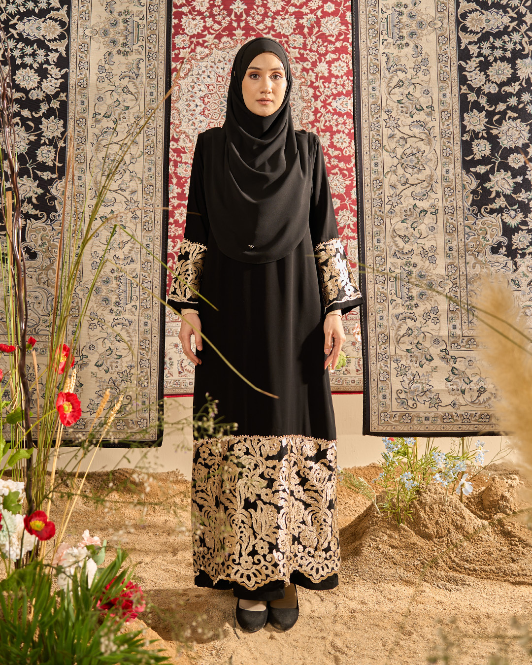Abaya Lace Rifaya - Gold Black
