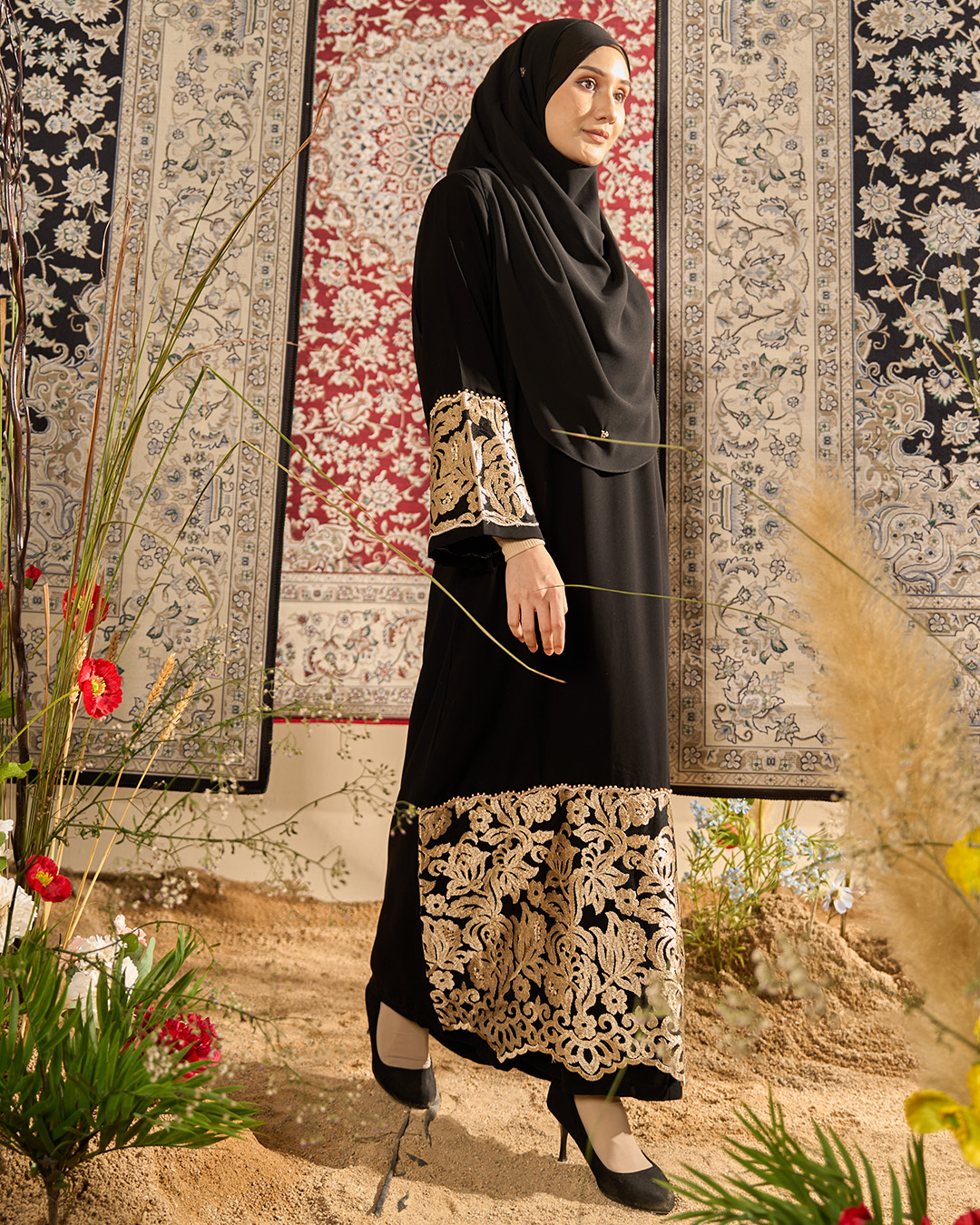 Abaya Lace Rifaya - Gold Black