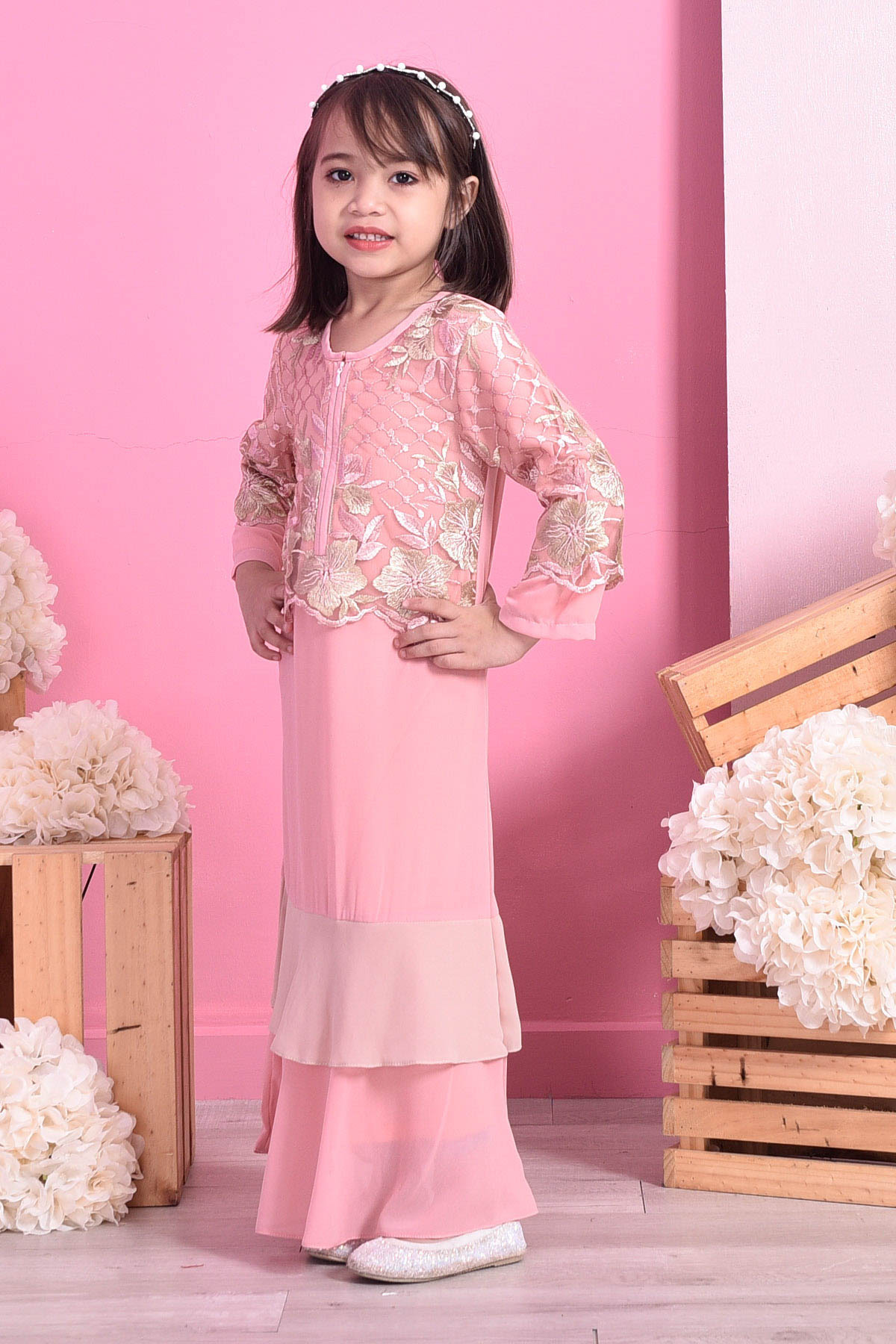 Abaya Lace Romane Kids - Peach Melon