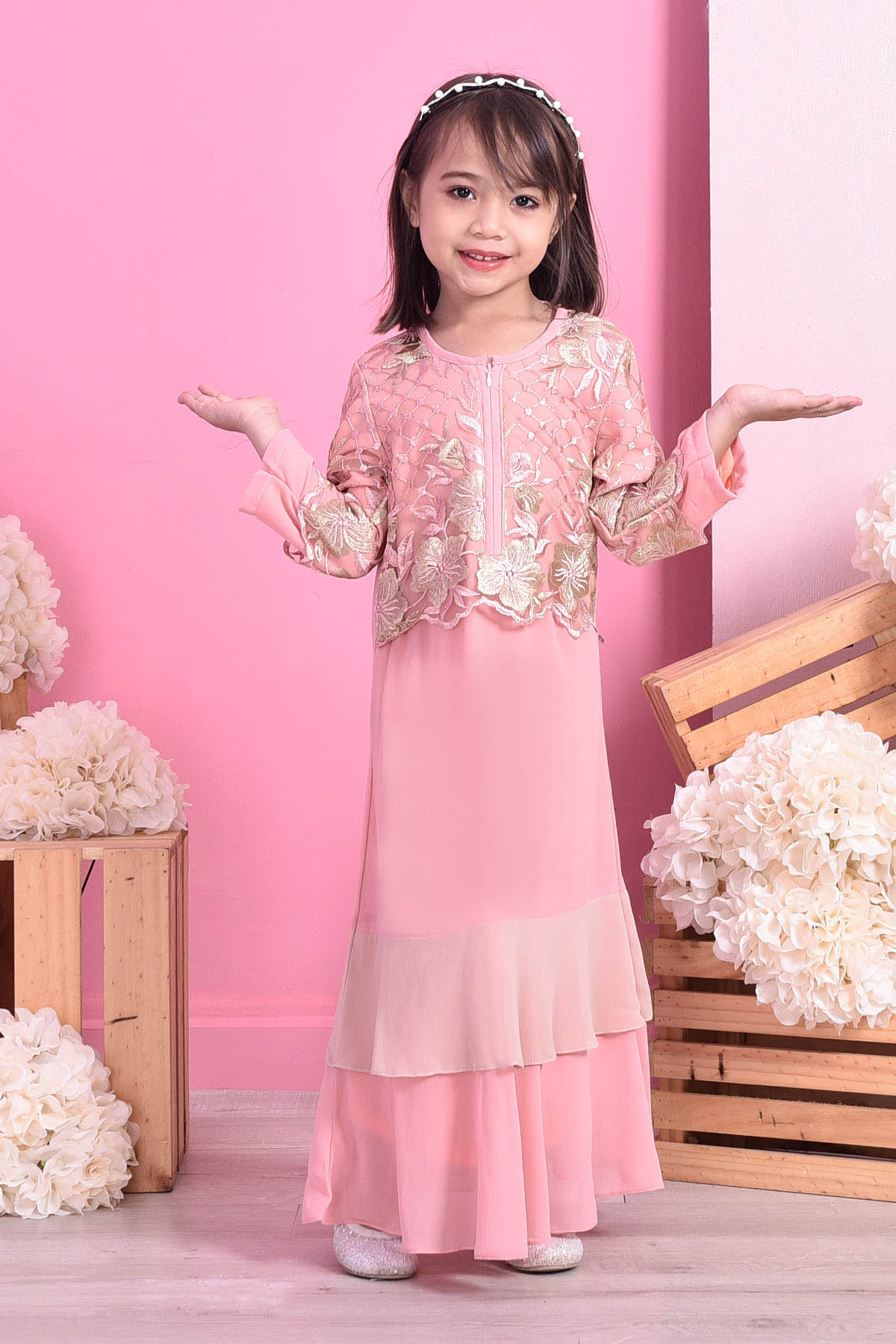 Abaya Lace Romane Kids - Peach Melon