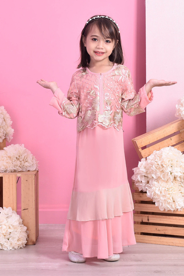 Abaya Lace Romane Kids - Peach Melon