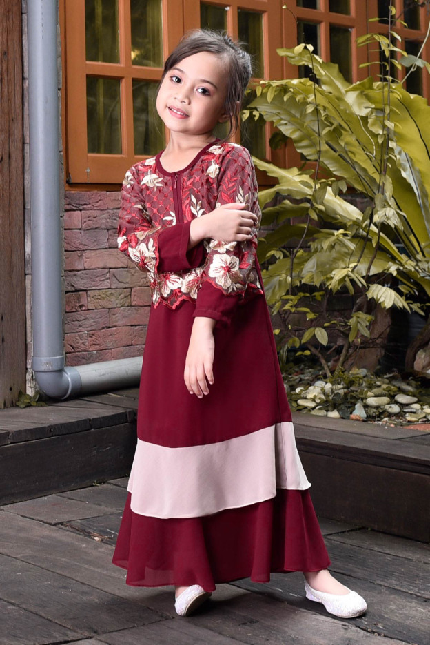 Abaya Lace Romane Kids - Maroon Glow