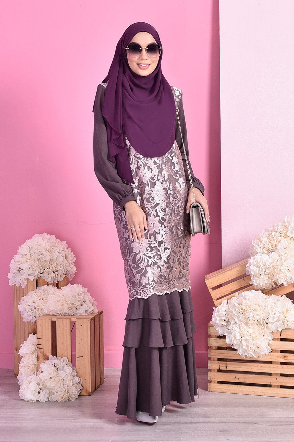 Abaya Lace Ruffle Laura - Dark Plum