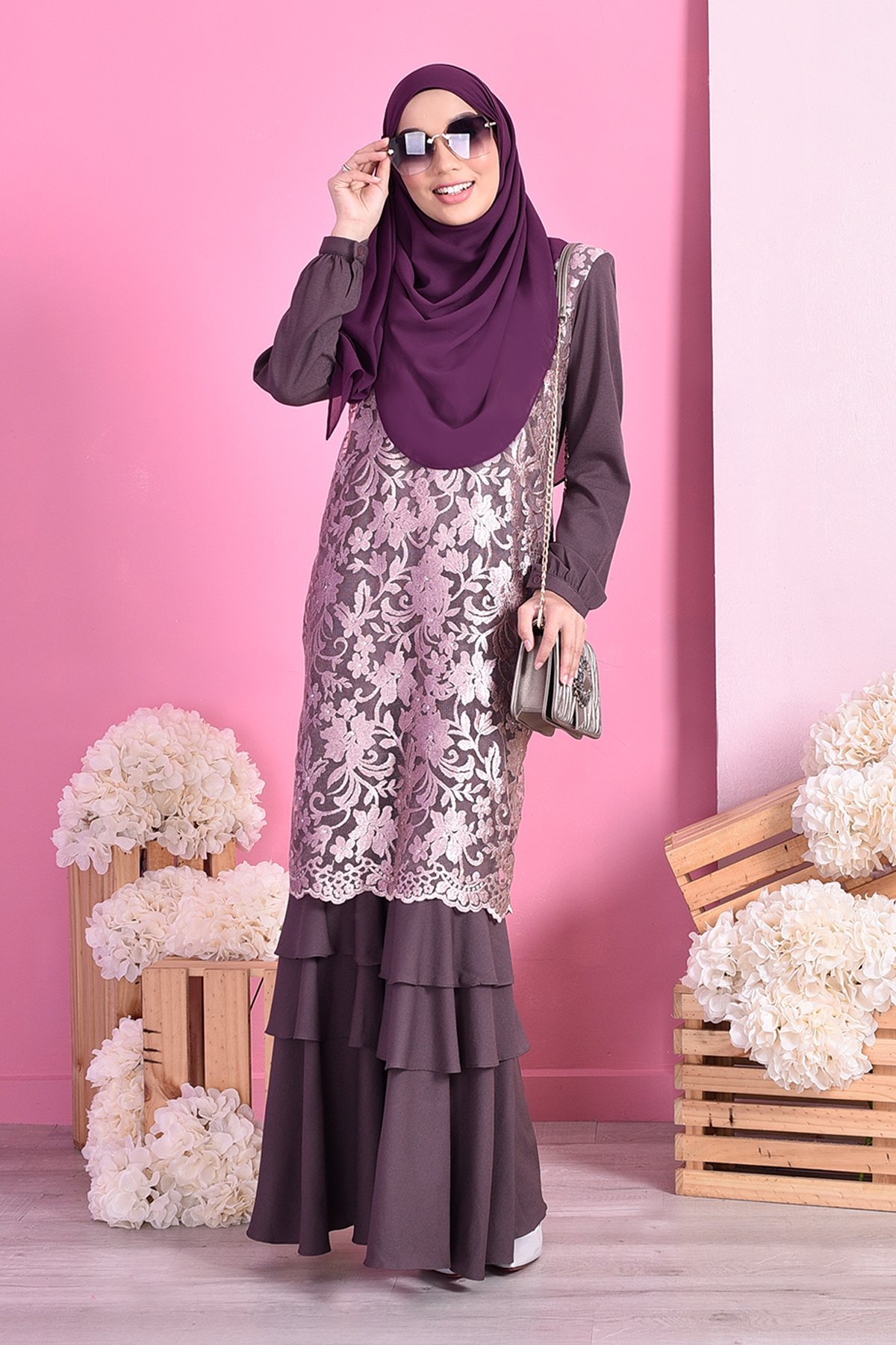 Abaya Lace Ruffle Laura - Dark Plum