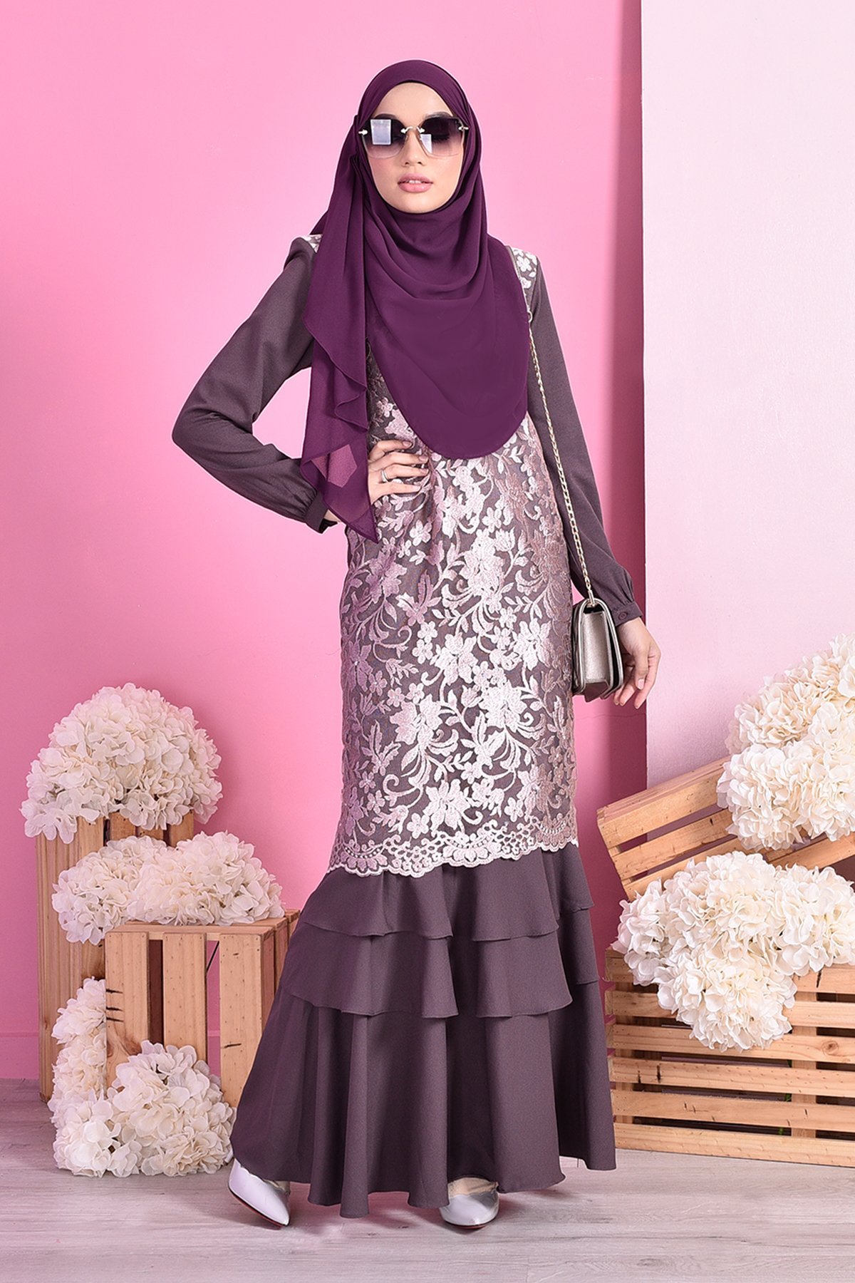 Abaya Lace Ruffle Laura - Dark Plum