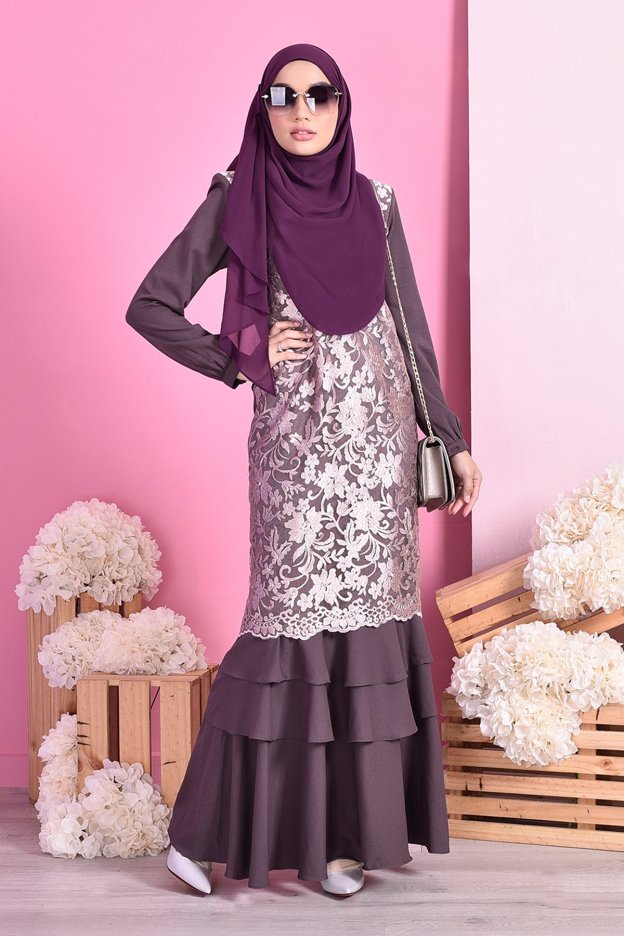 Abaya Lace Ruffle Laura - Dark Plum