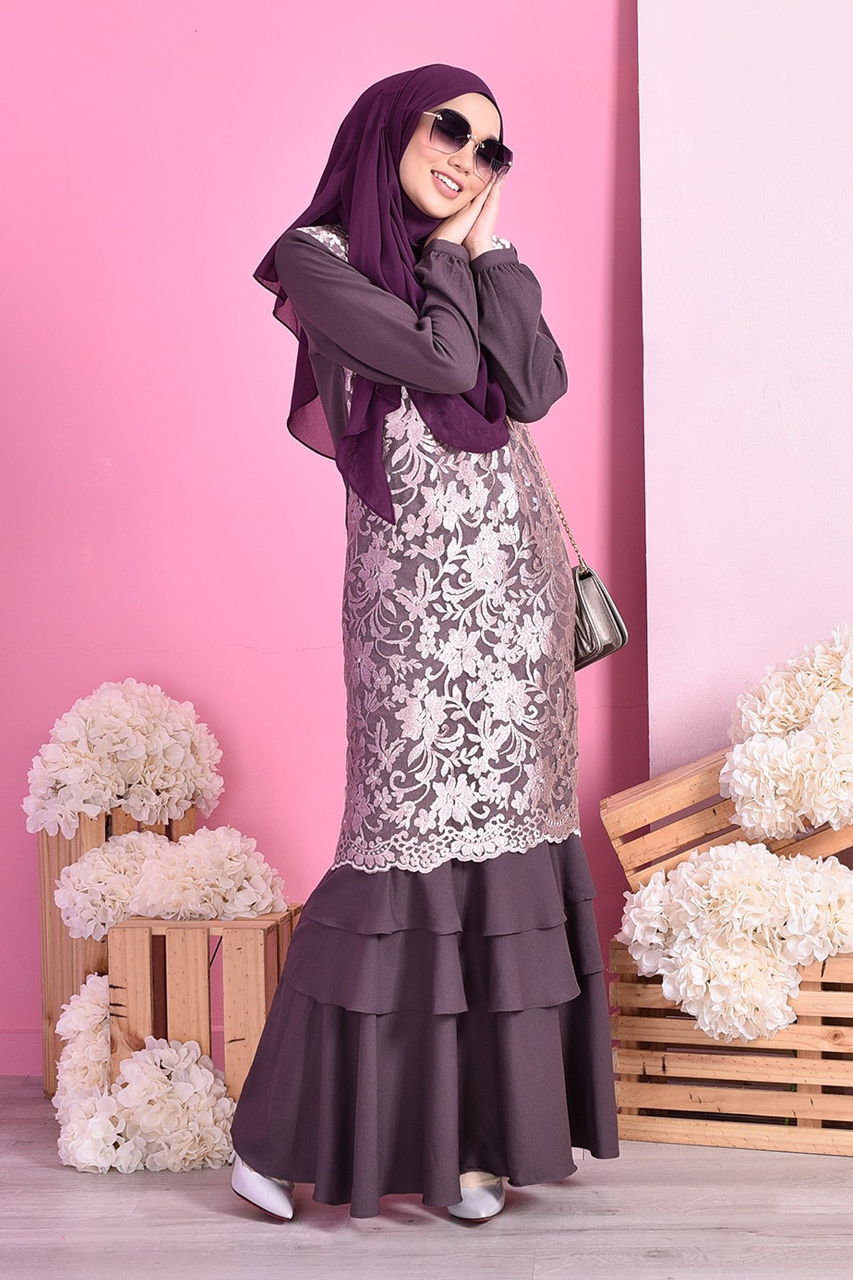 Abaya Lace Ruffle Laura - Dark Plum