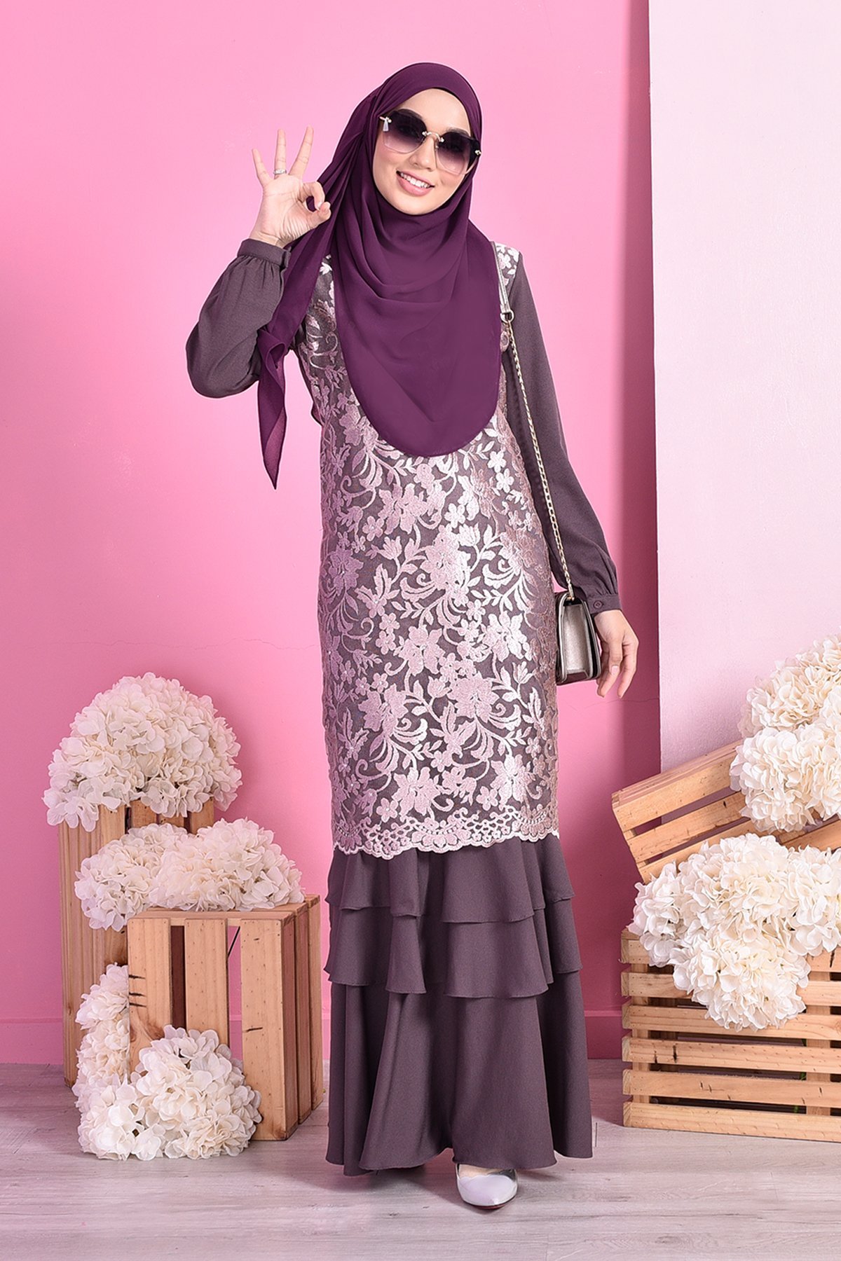 Abaya Lace Ruffle Laura - Dark Plum