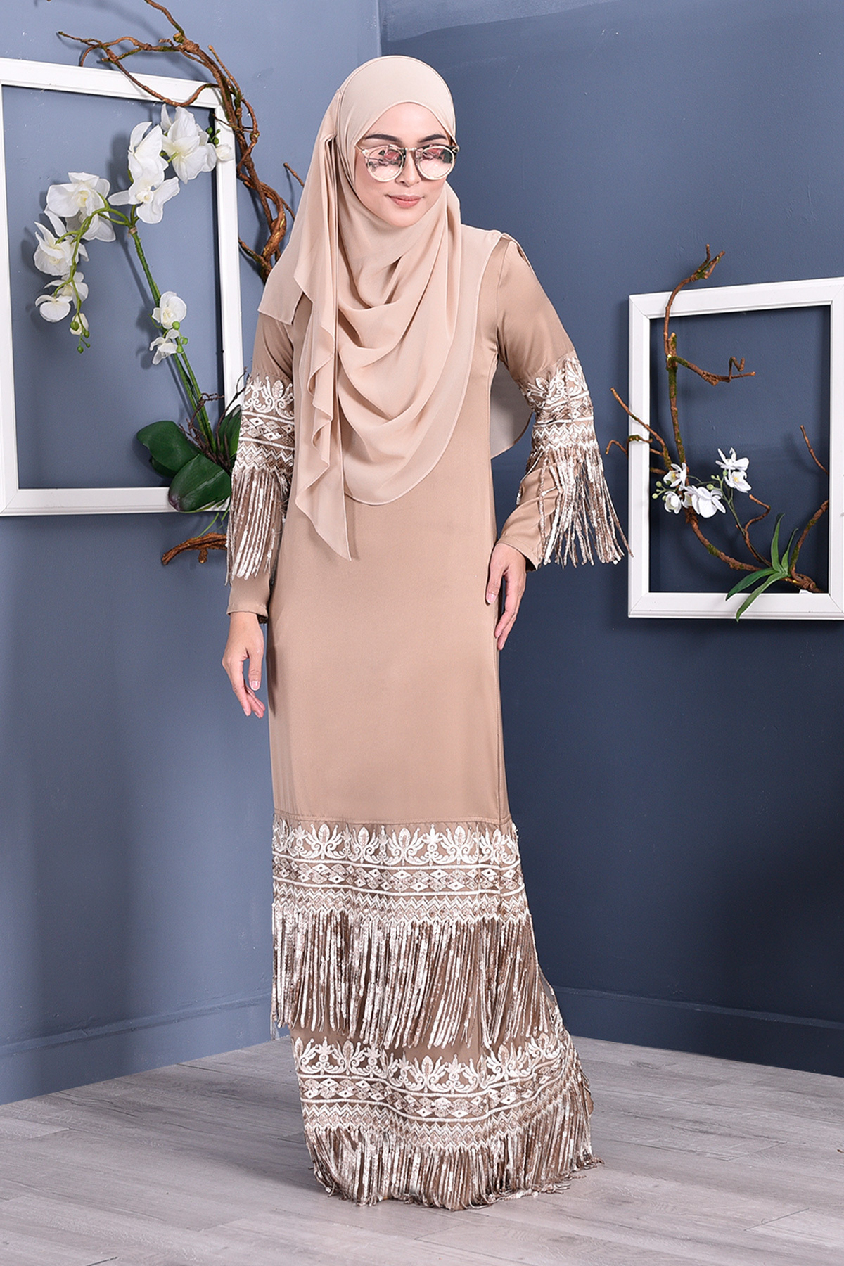 Abaya Lace Sequin Josephine - Golden Brown