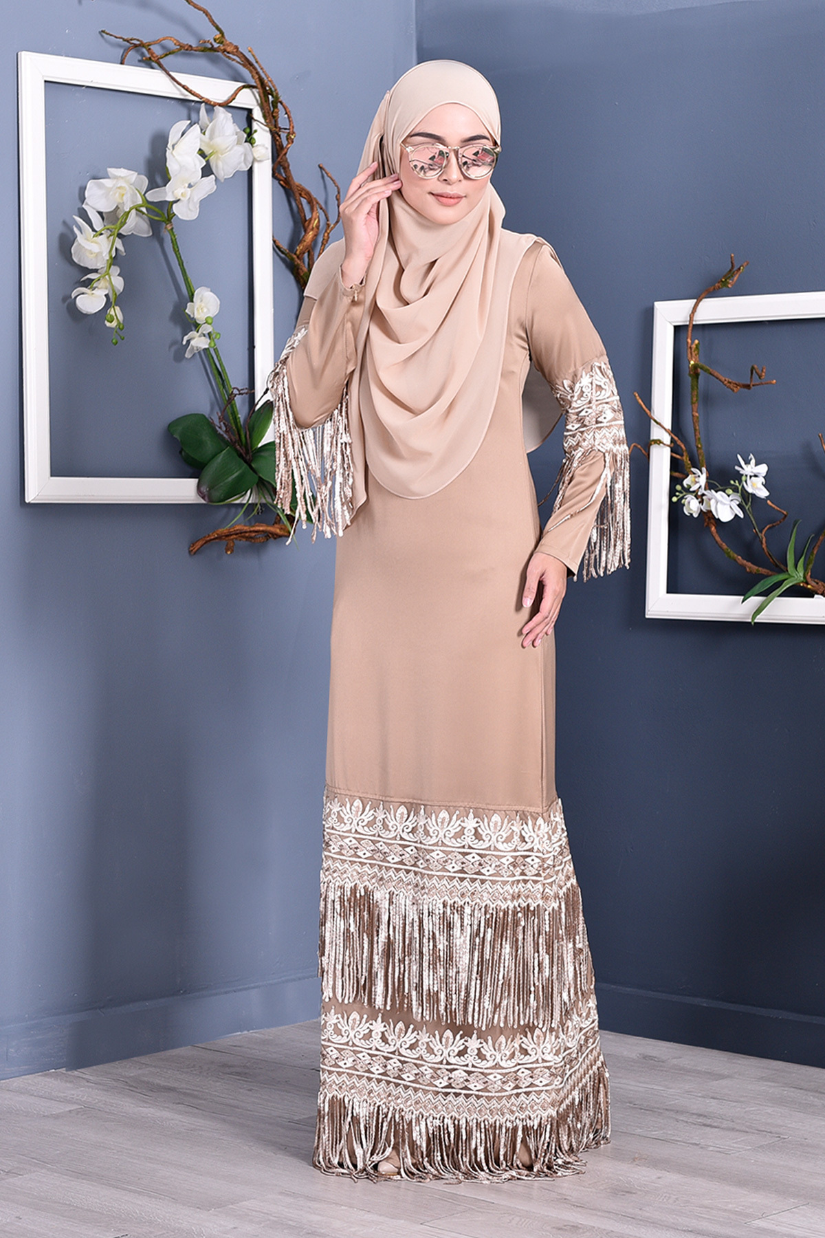 Abaya Lace Sequin Josephine - Golden Brown