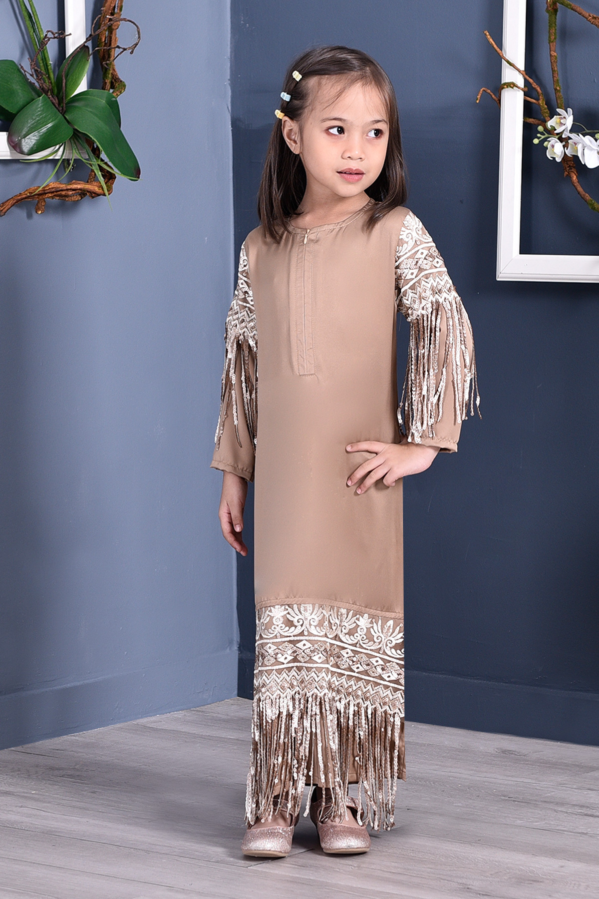 Abaya Lace Sequin Josephine Kids - Golden Brown