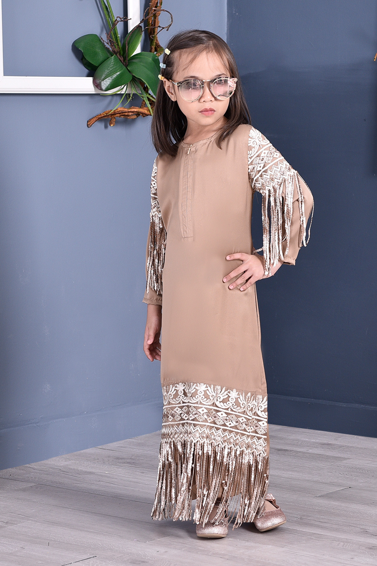 Abaya Lace Sequin Josephine Kids - Golden Brown