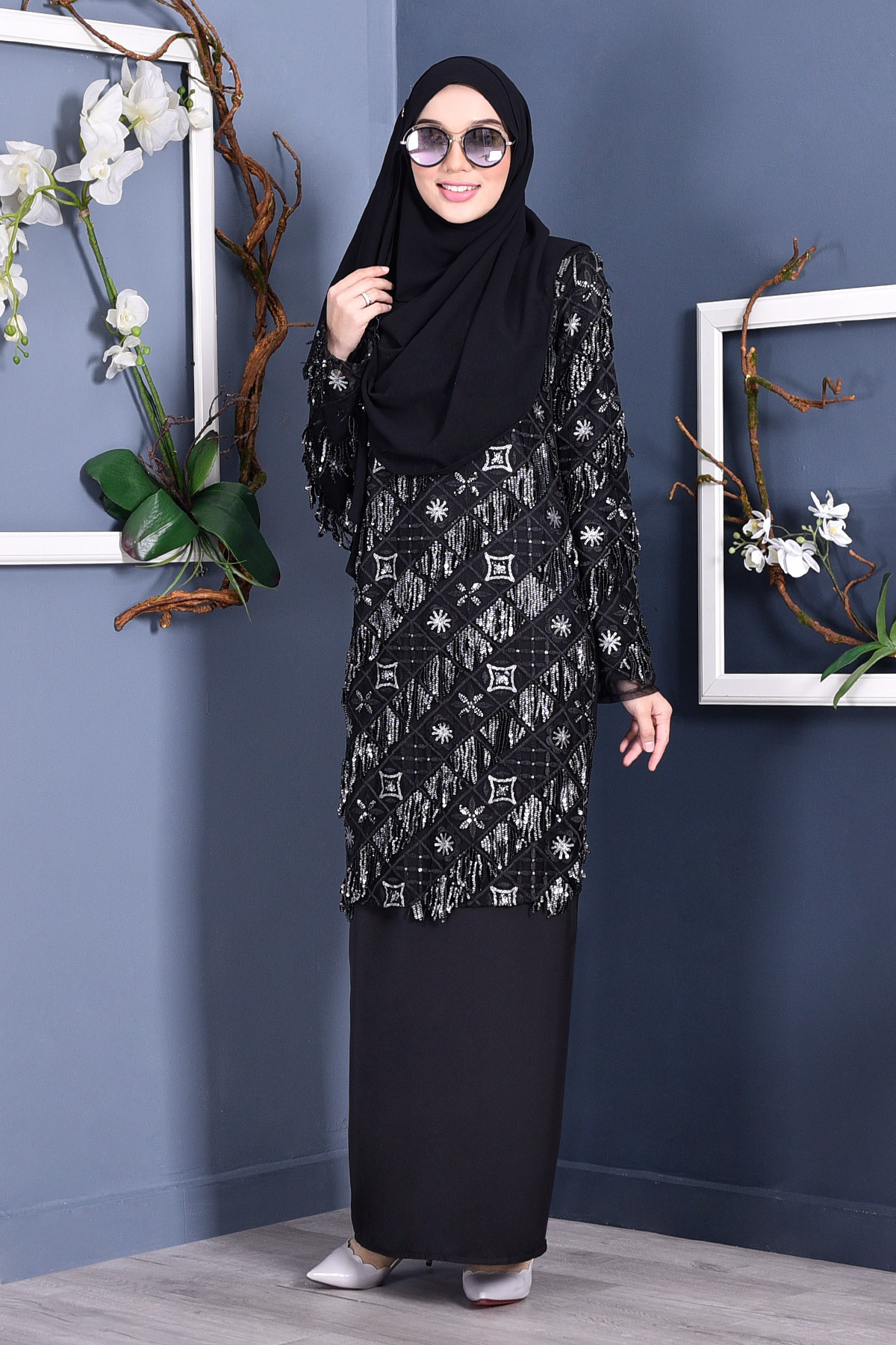 Abaya Lace Sequin Jovina - Night Fury