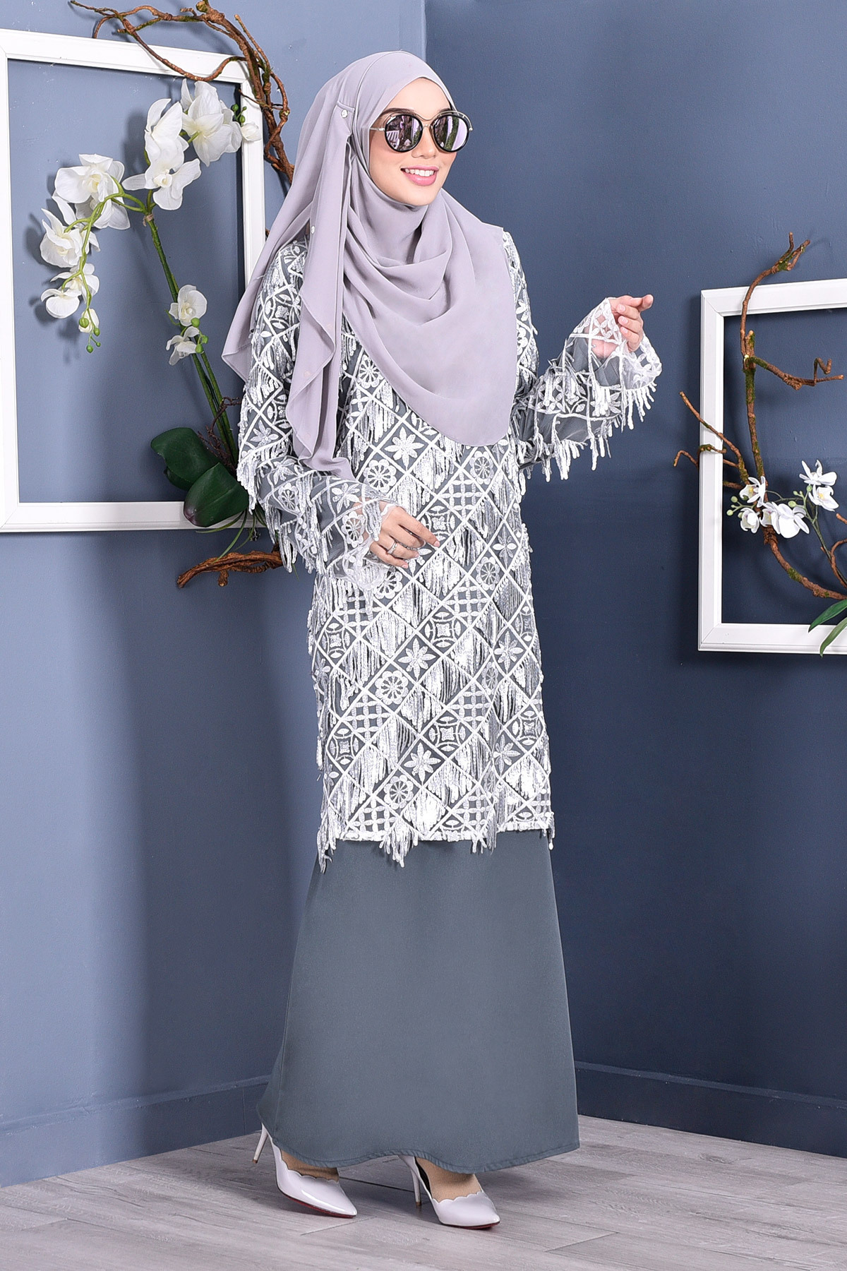 Abaya Lace Sequin Jovina - Graphite Grey