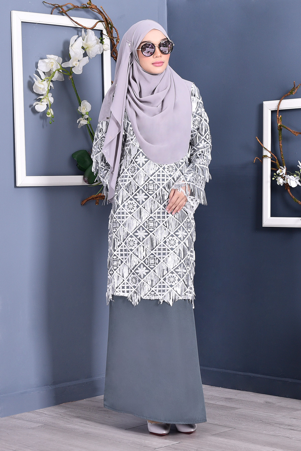 Abaya Lace Sequin Jovina - Graphite Grey