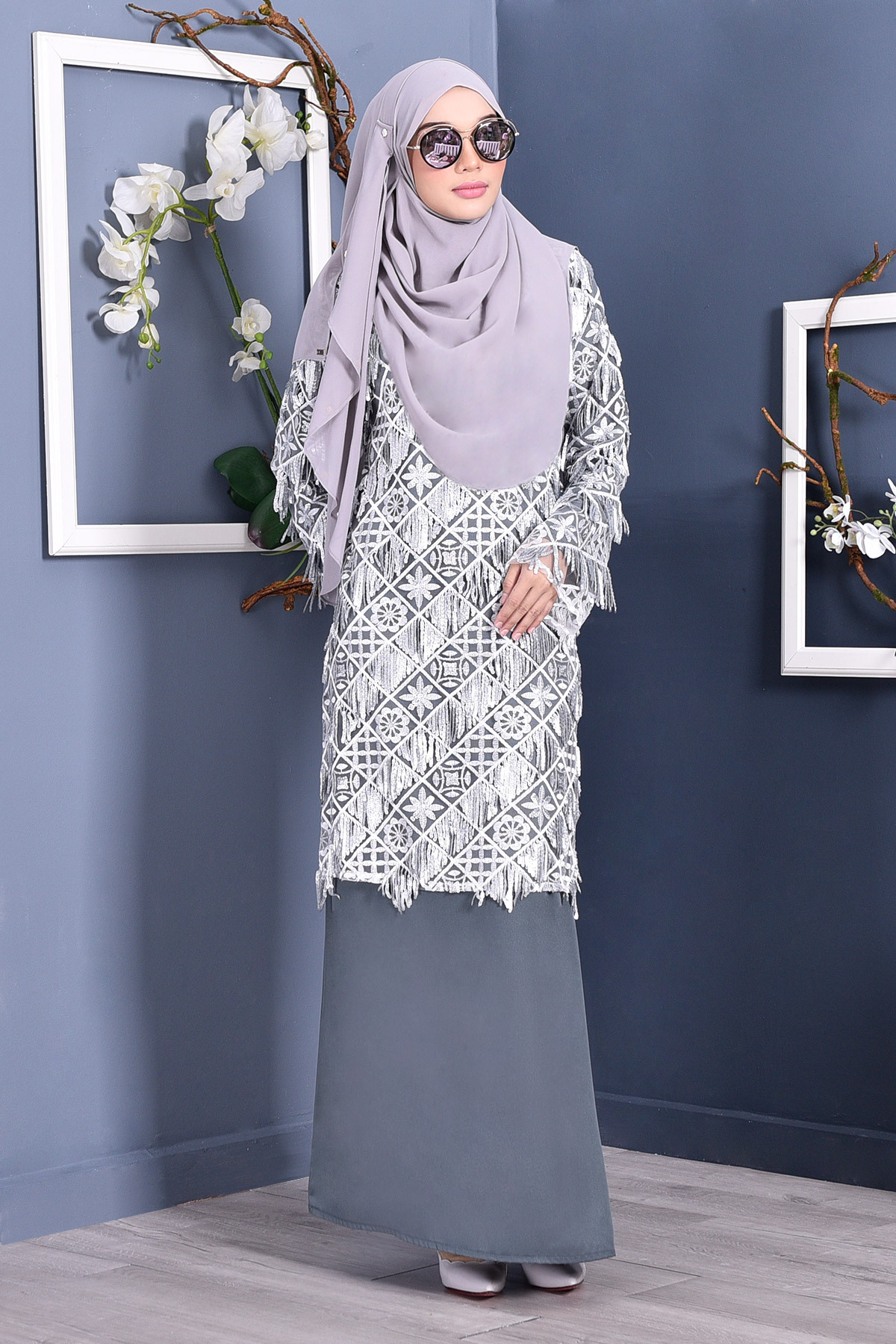 Abaya Lace Sequin Jovina - Graphite Grey
