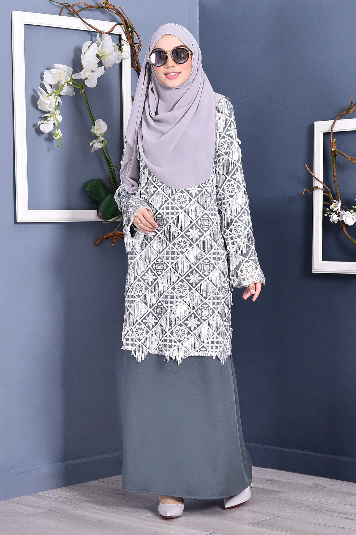 Abaya Lace Sequin Jovina - Graphite Grey