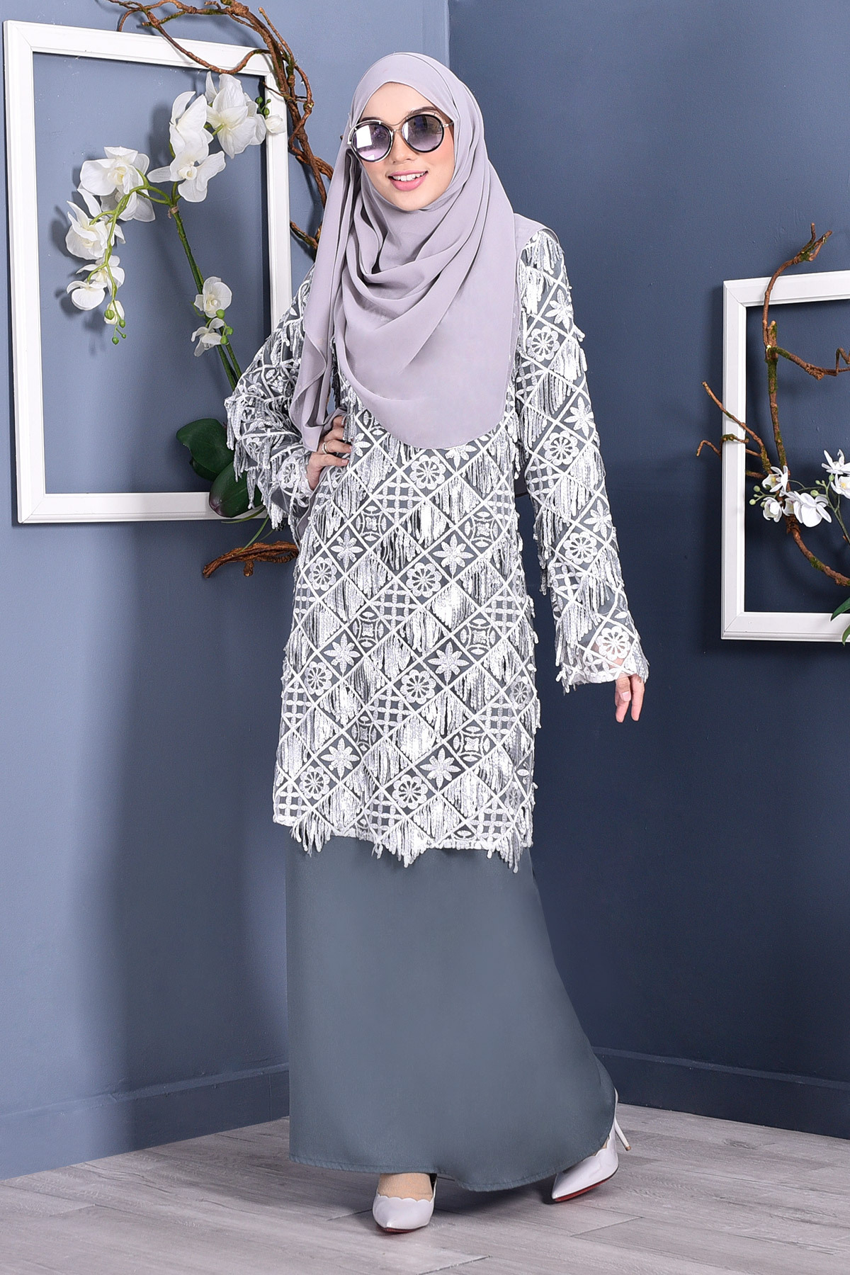 Abaya Lace Sequin Jovina - Graphite Grey