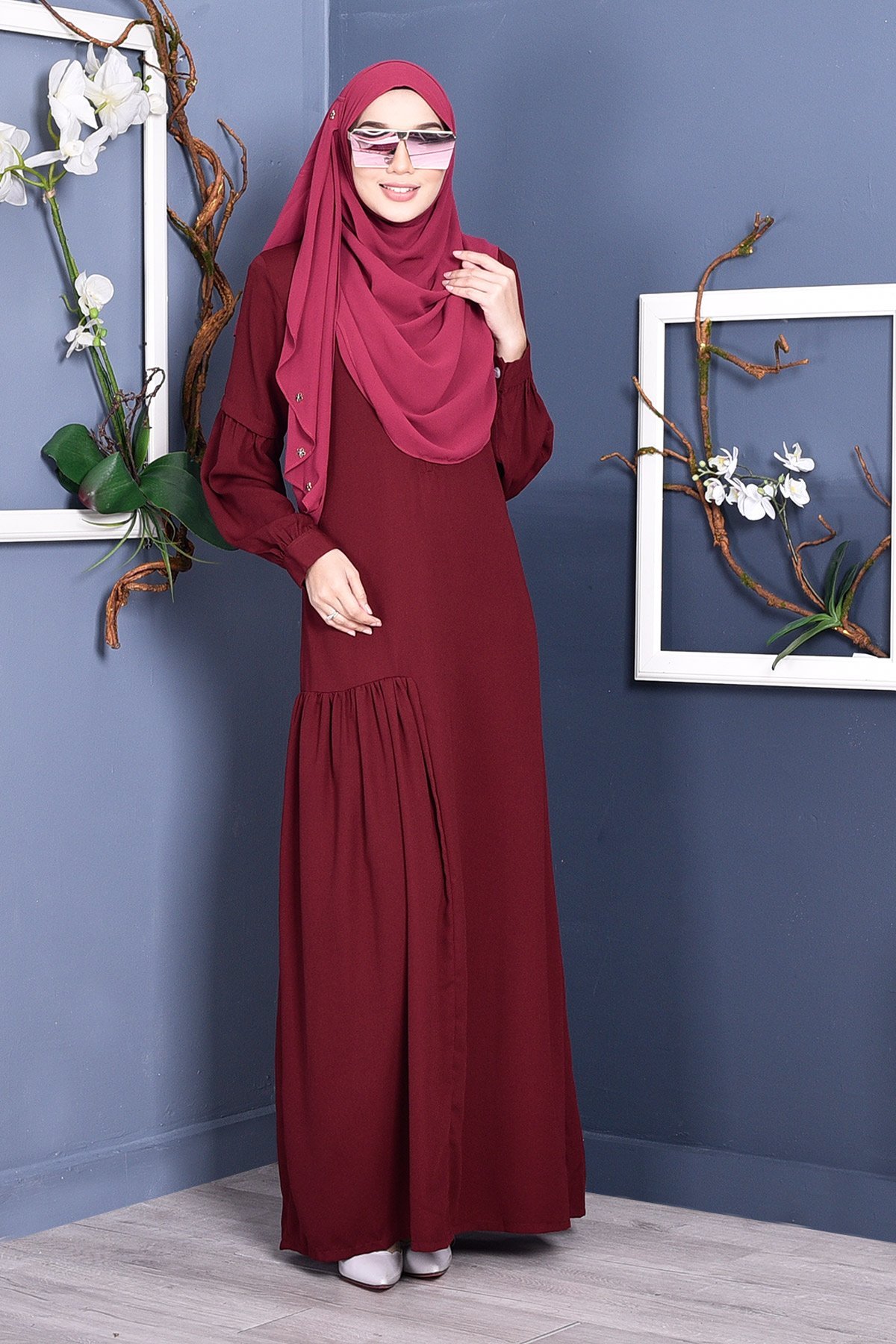 Abaya Lissa Pleated - Rouge Maroon