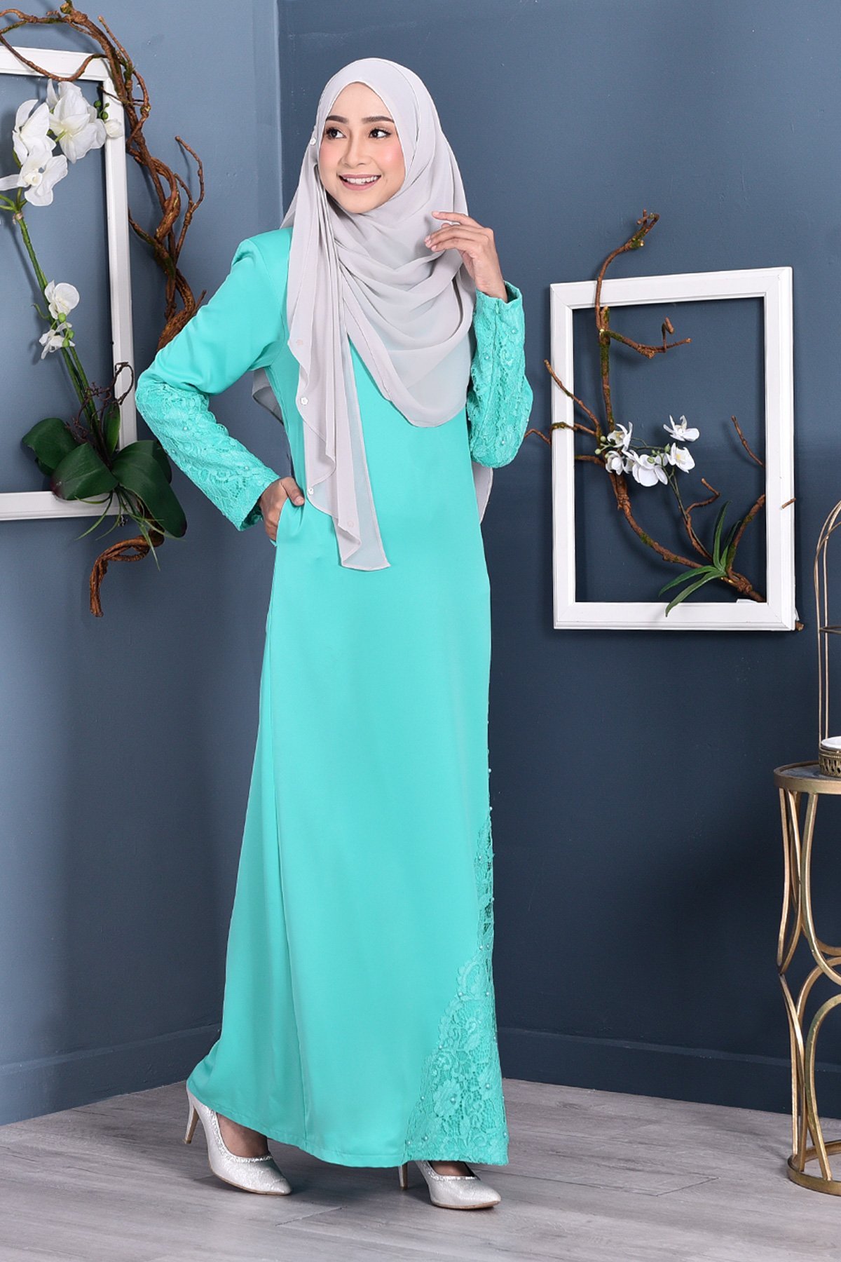 Abaya Lace Mazaya - Aqua Green