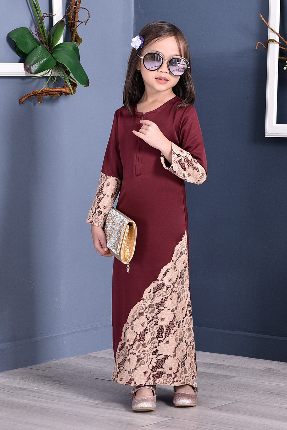 Abaya Lace Mazaya Kids - Rouge Maroon